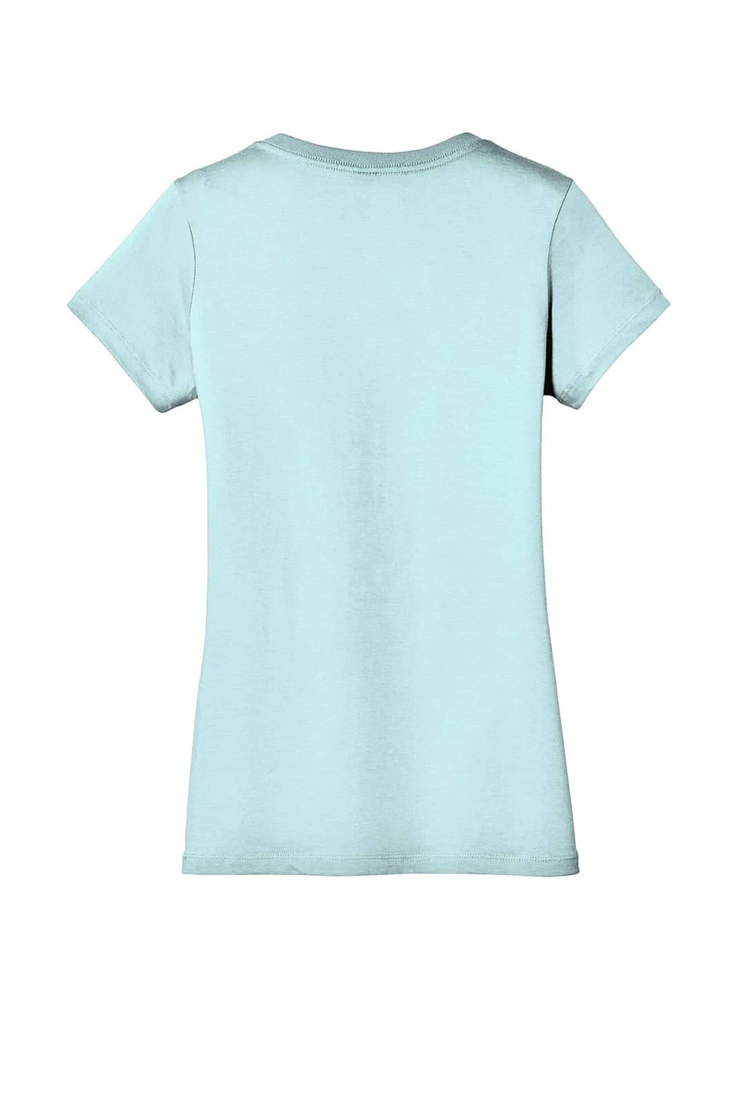 A light blue ladies' V-neck tee with short sleeves, featuring a plain back design and a logo.