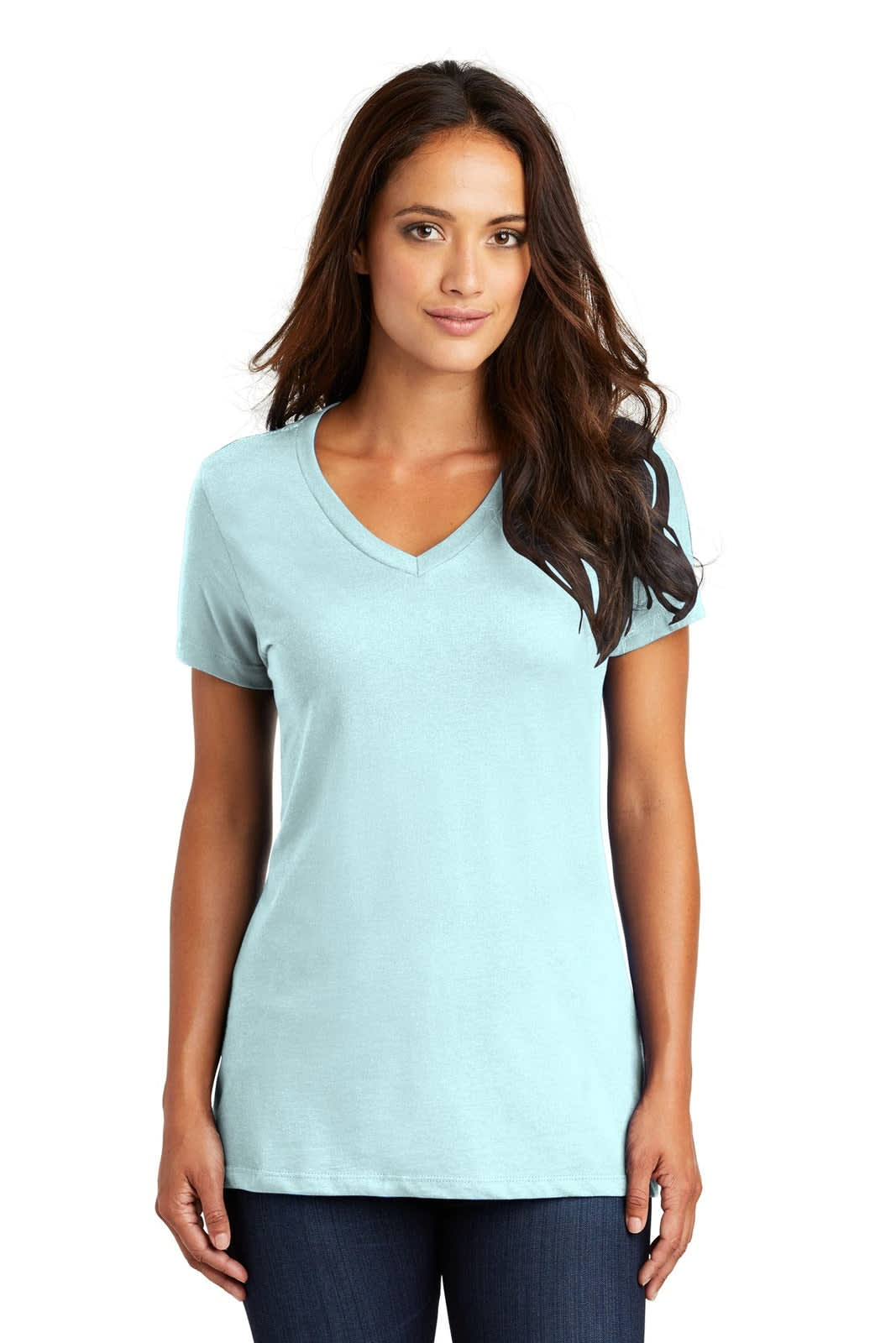 A light blue women's v-neck t-shirt with a relaxed fit, featuring a logo on the front.