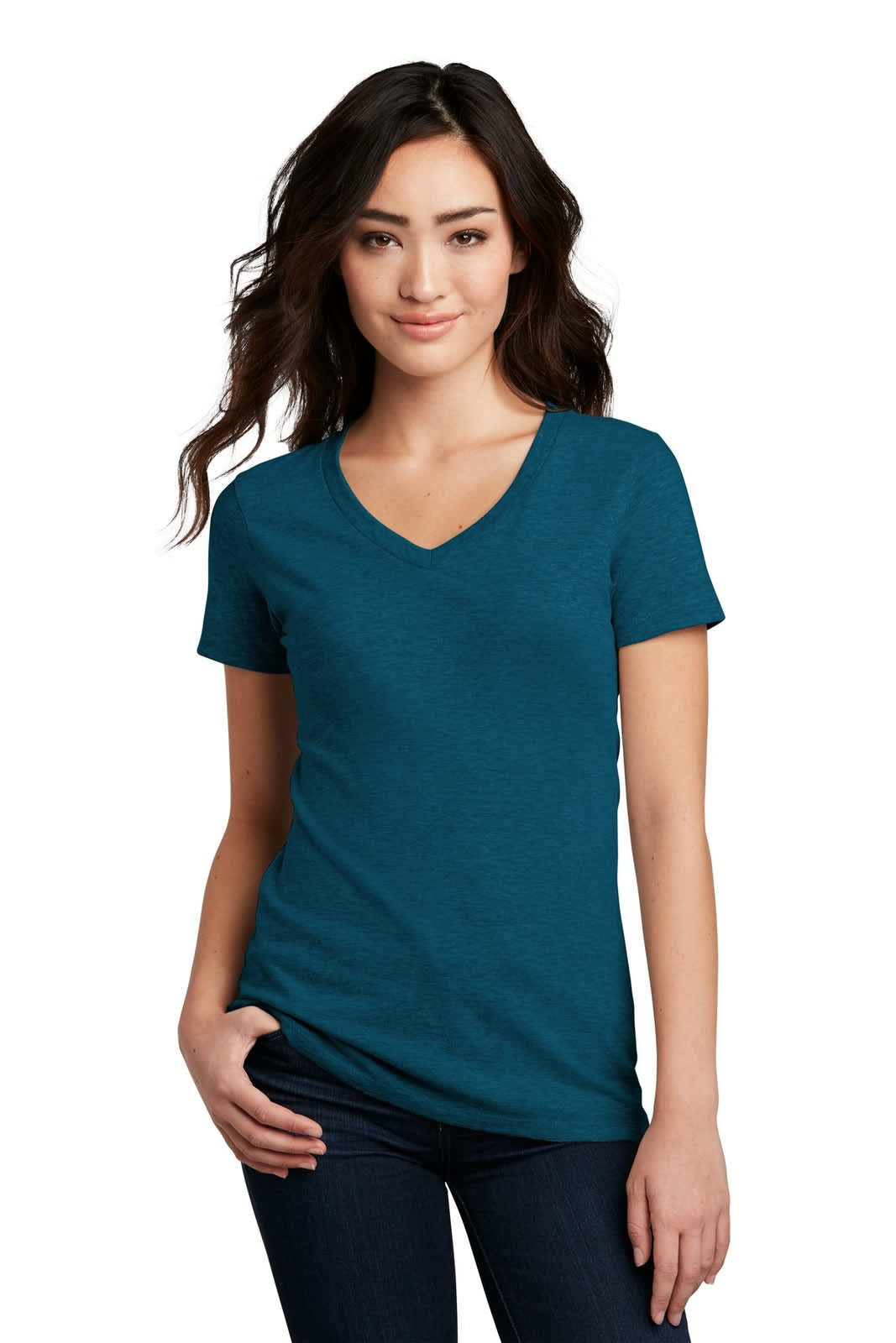 District Made Ladies Perfect Blend V-Neck Tee - DM1190L Image Deep Turquoise Fleck