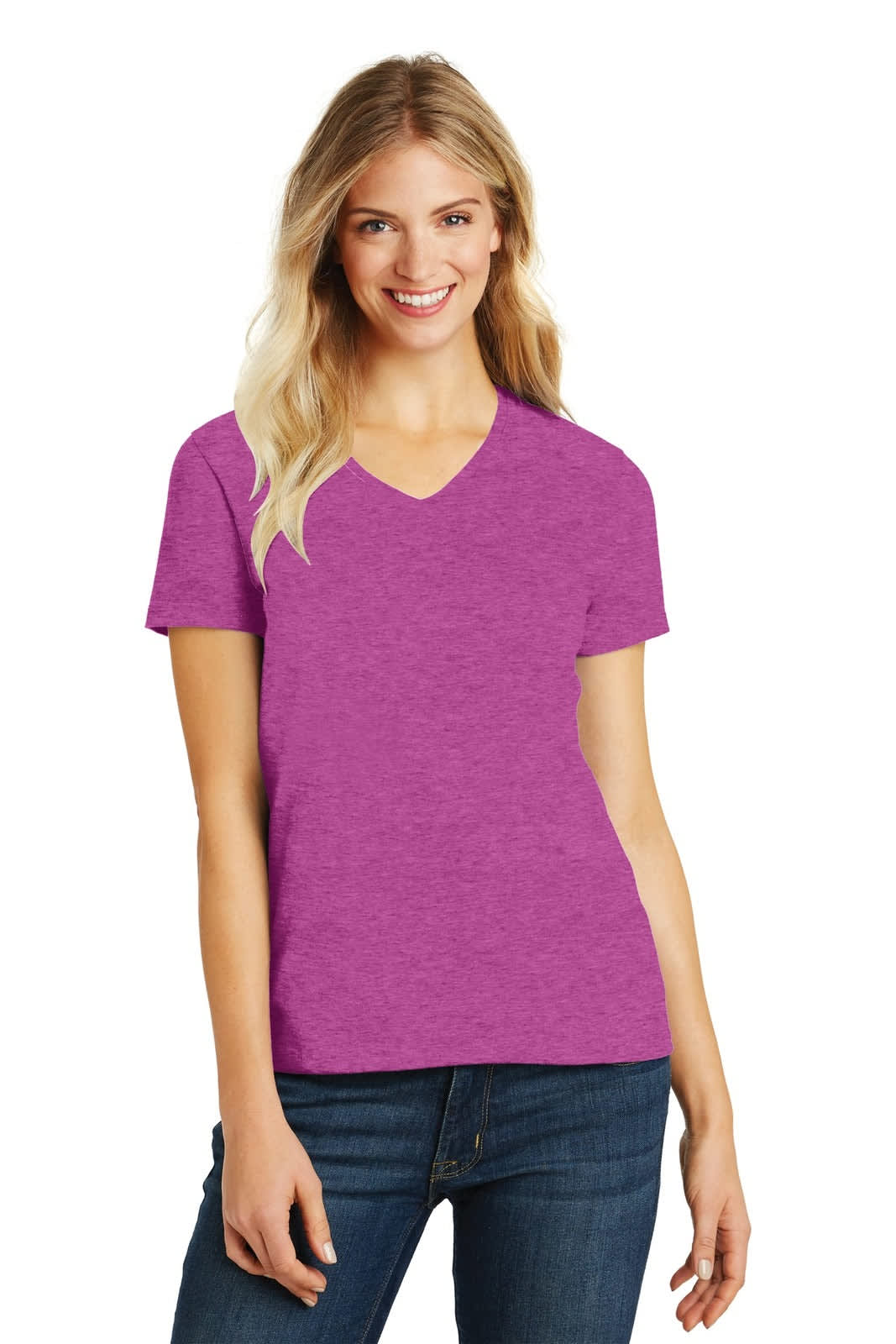 District Made Ladies Perfect Blend V-Neck Tee - DM1190L Image Heathered Pink Raspberry