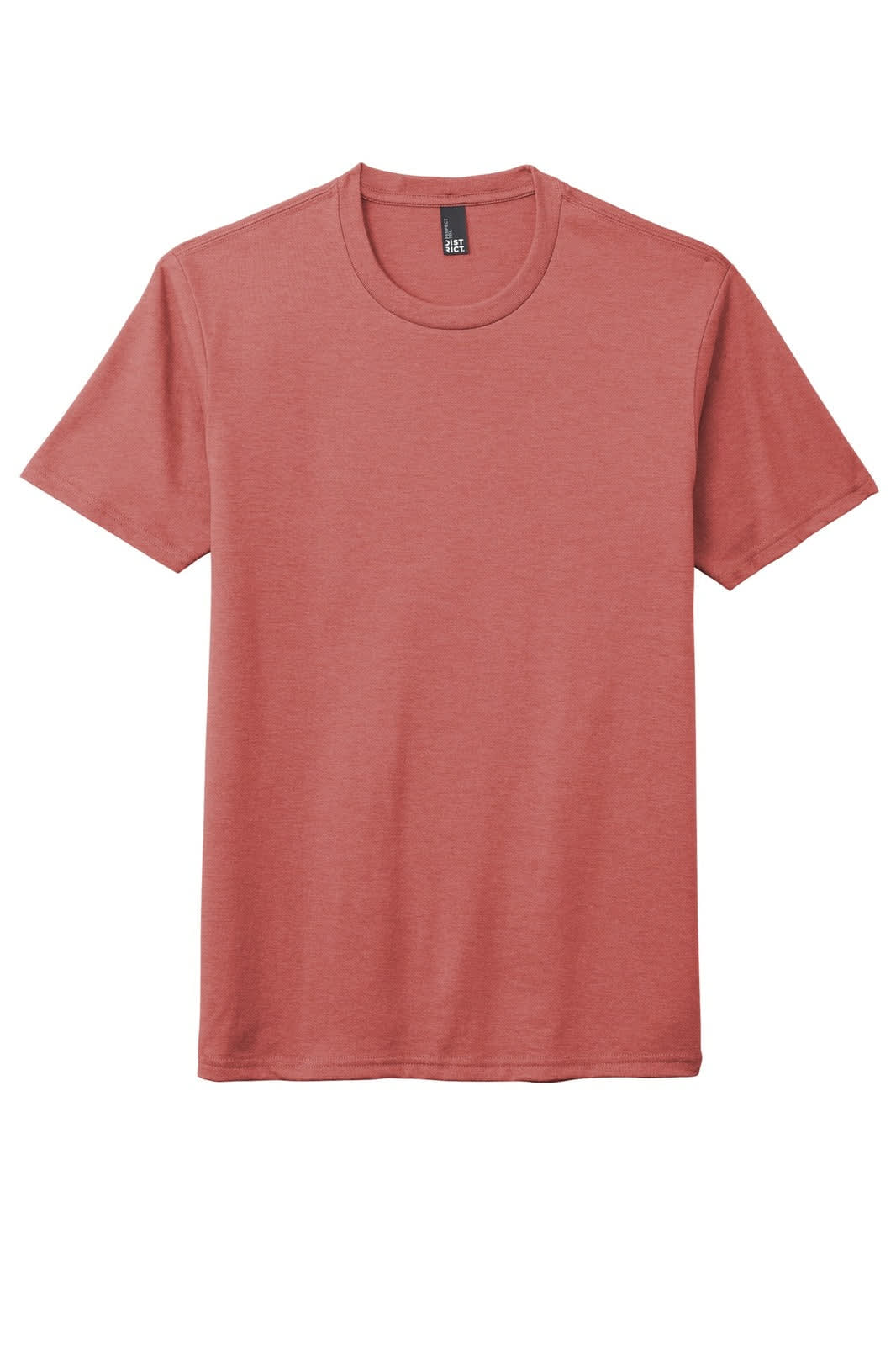 A men's crew t-shirt in a soft coral colour, featuring a logo on the neckline. Simple and minimalist design.