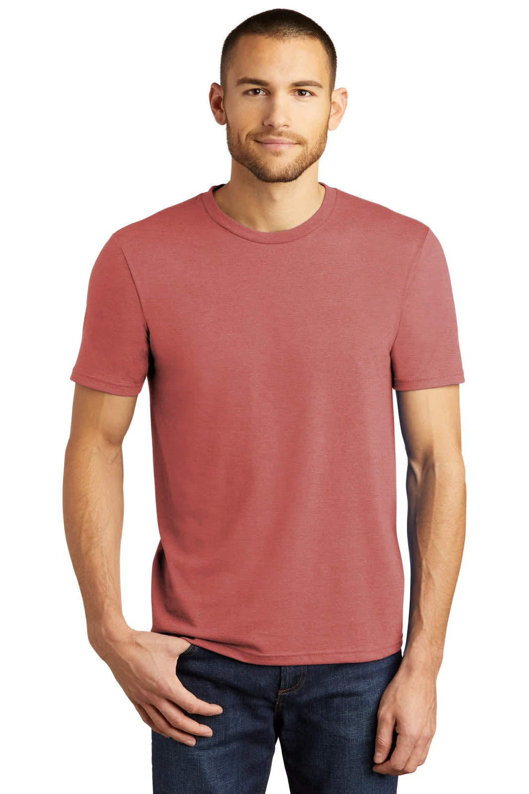 A man wears a red t-shirt with short sleeves, featuring a round neckline and minimalistic design. The shirt has a logo.