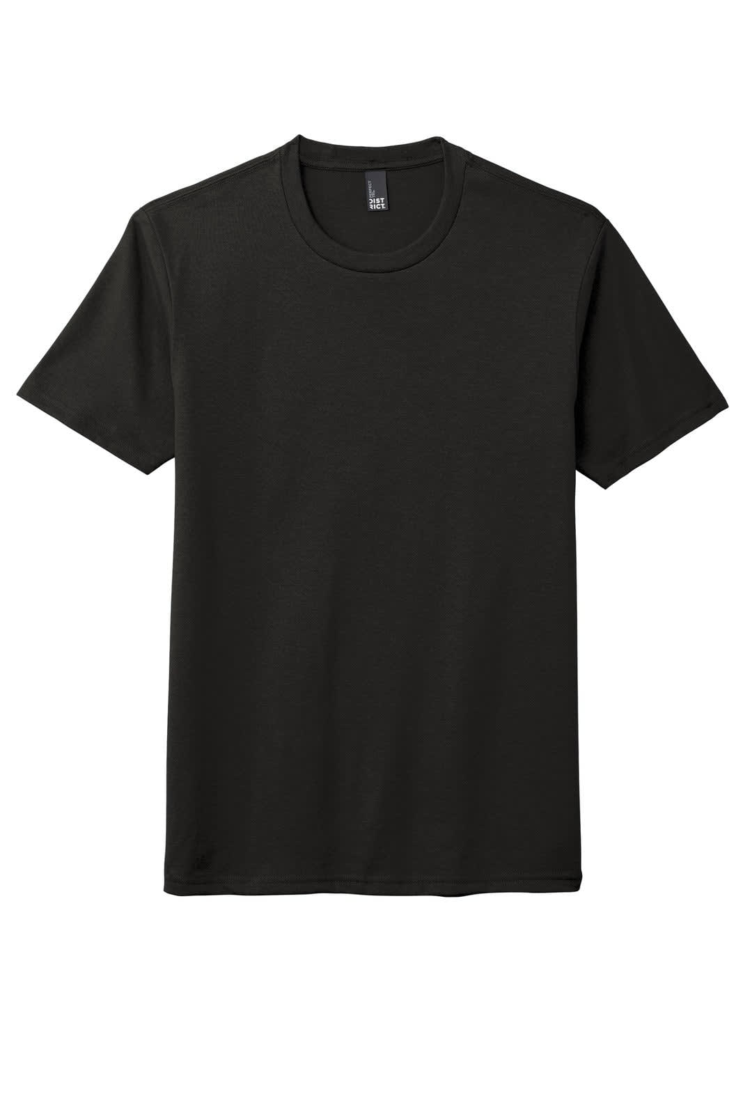 A black men's crew neck t-shirt with short sleeves. The shirt features a logo on the label.