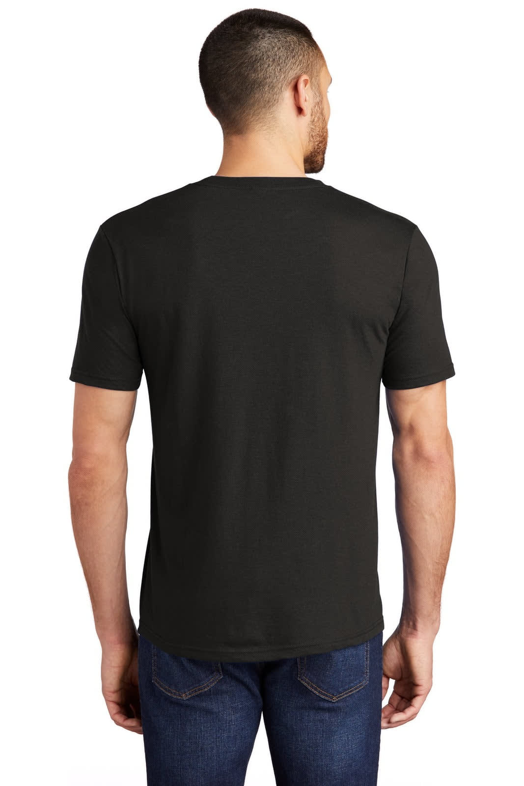 A black men's t-shirt with short sleeves, viewed from the back. It features a logo on the neckline.