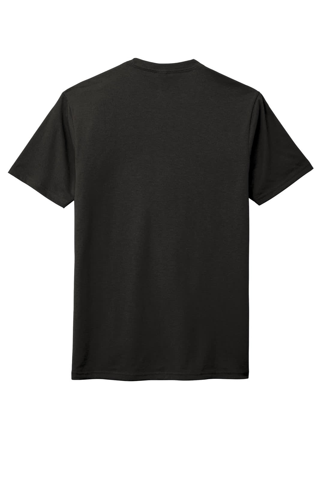 A black t-shirt featuring a standard crew neck and short sleeves. The back view shows the plain fabric and a logo.