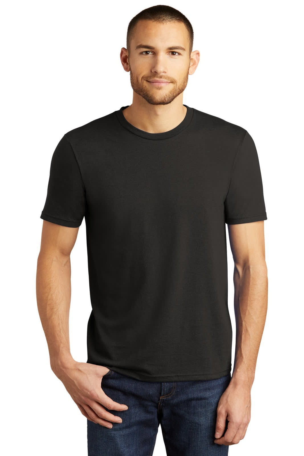 A men's black t-shirt with short sleeves, featuring a crew neck and a subtle logo.