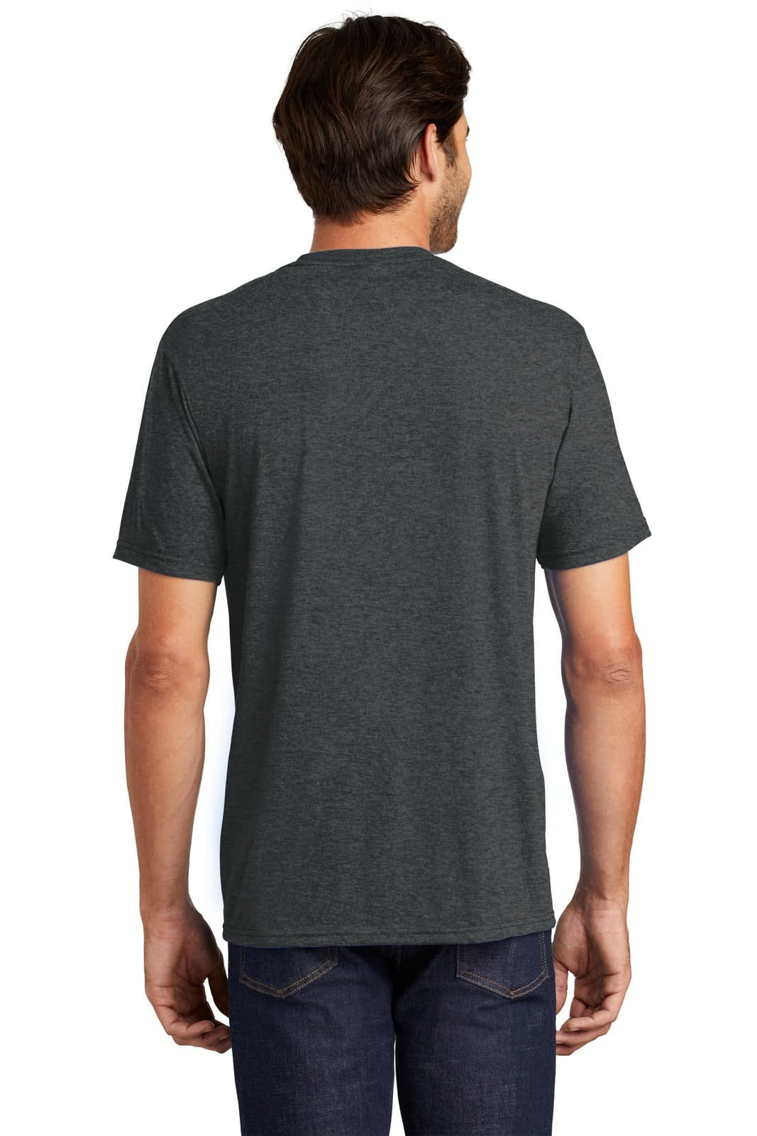 A man wearing a dark grey t-shirt, viewed from the back, with jeans. The shirt has a logo.