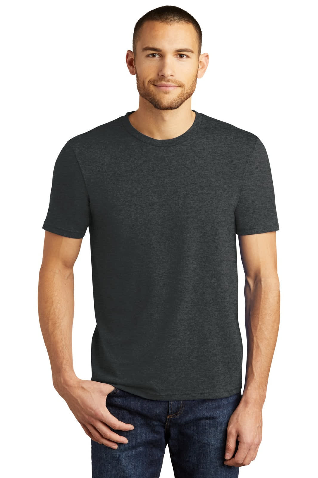 A men's short sleeve crew tee in dark grey, featuring a simple design and a small logo on the side.