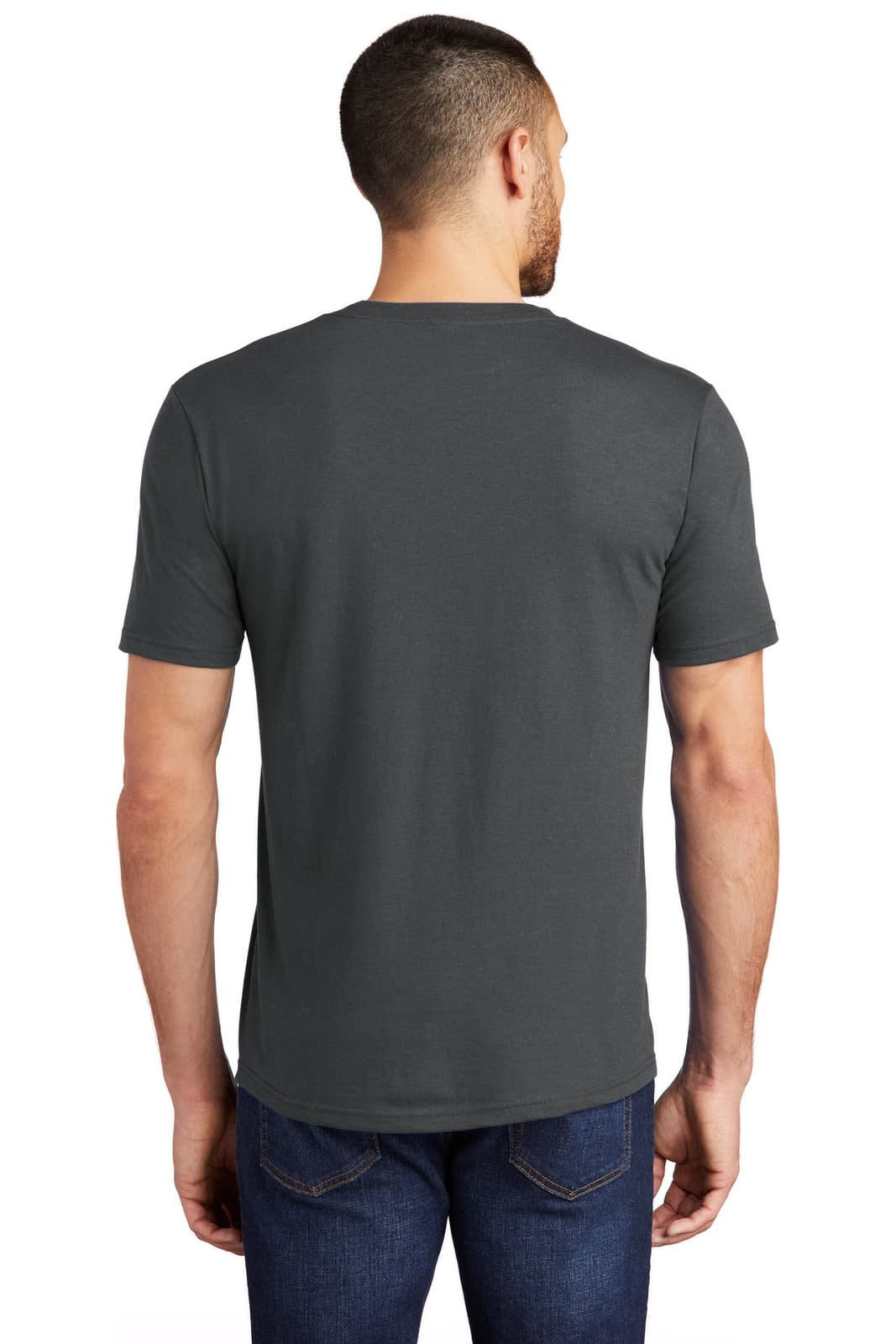 A man wears a grey District Made Men's Perfect Tri Crew Tee, viewed from the back. The shirt features short sleeves.