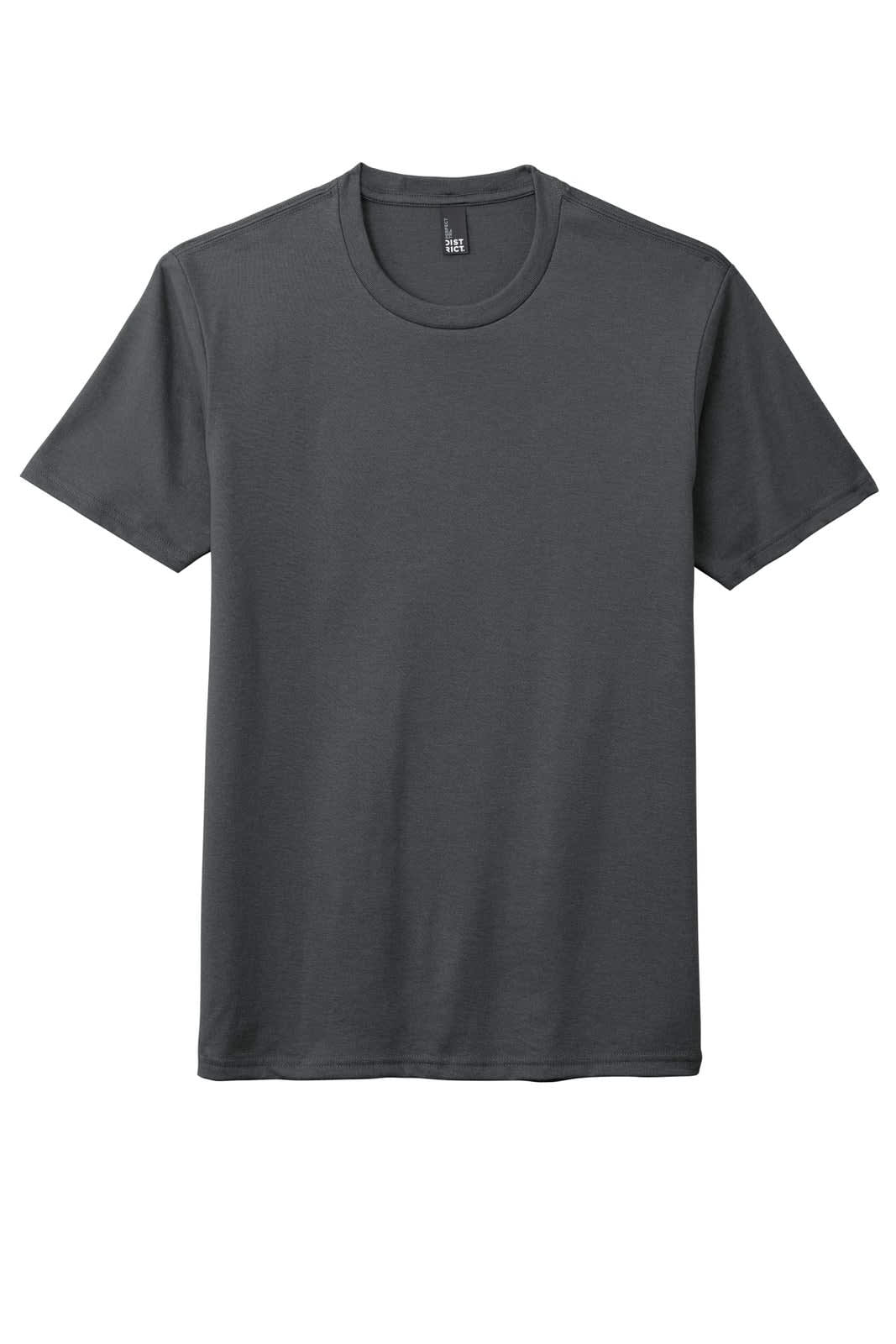 A grey t-shirt with a classic crew neck and short sleeves, featuring a logo on the label.