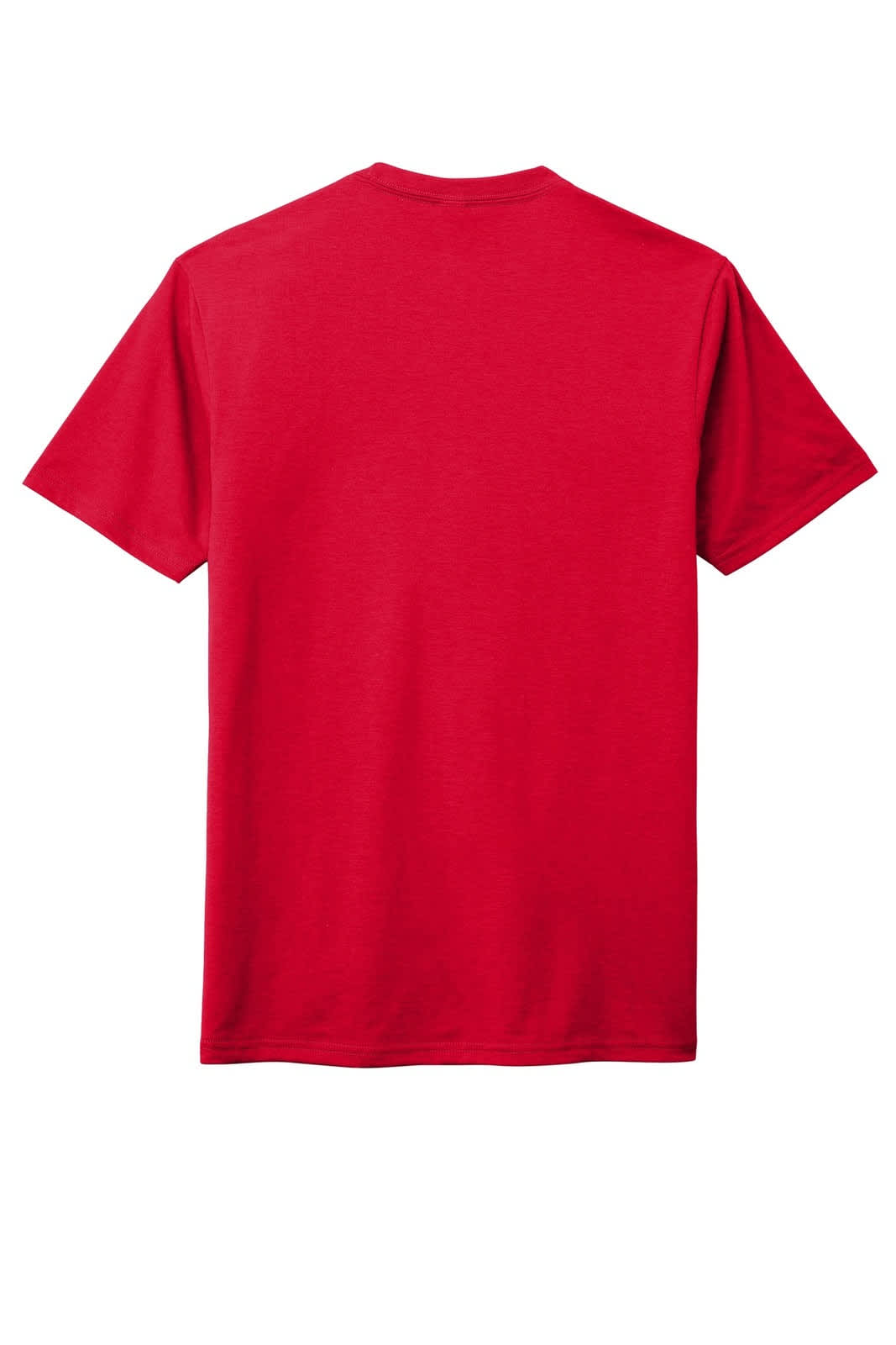 A red crew t-shirt featuring a plain back. It has a logo or branding on it.