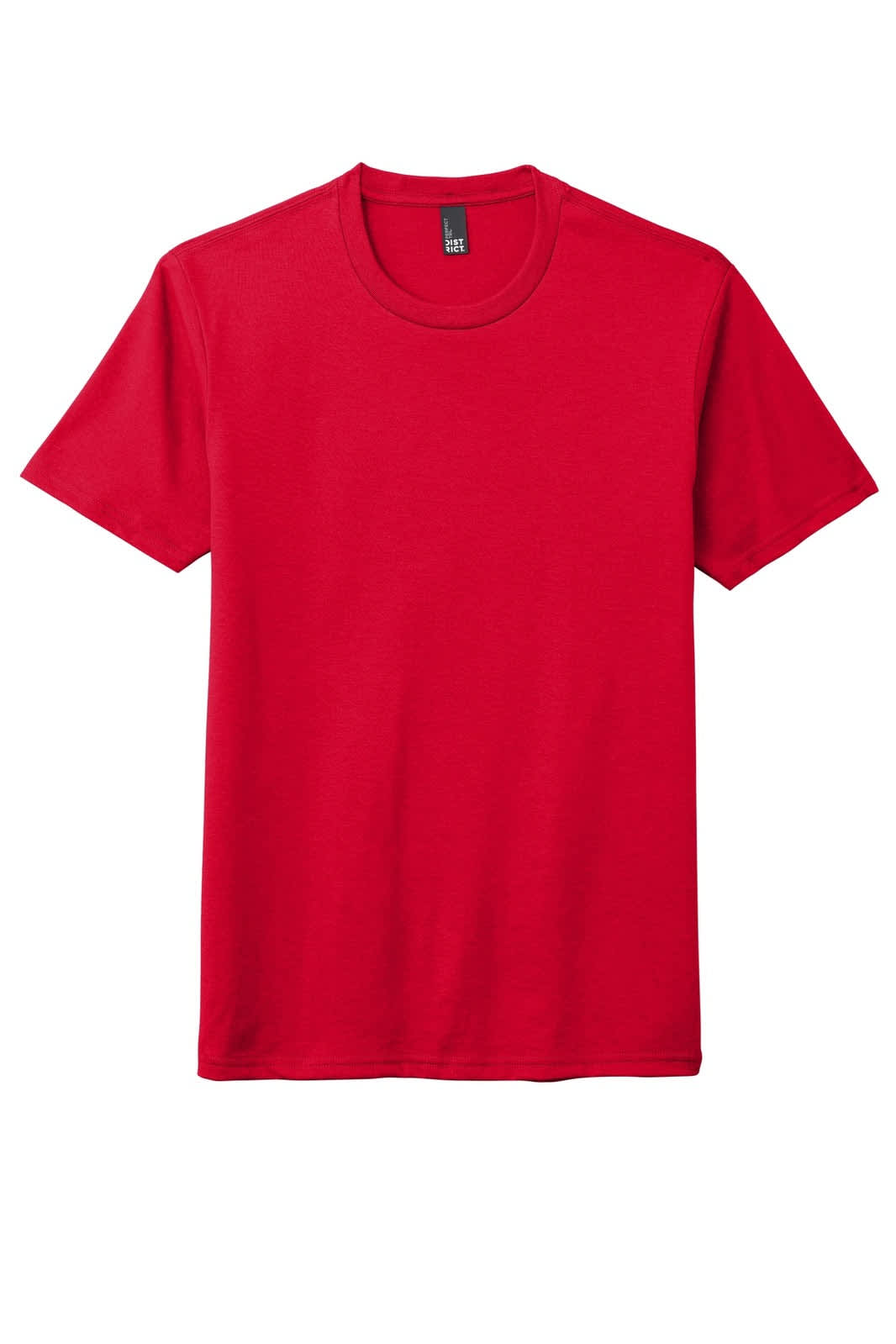 A red crew neck T-shirt made from a blend of fabrics, featuring short sleeves and a branding label.