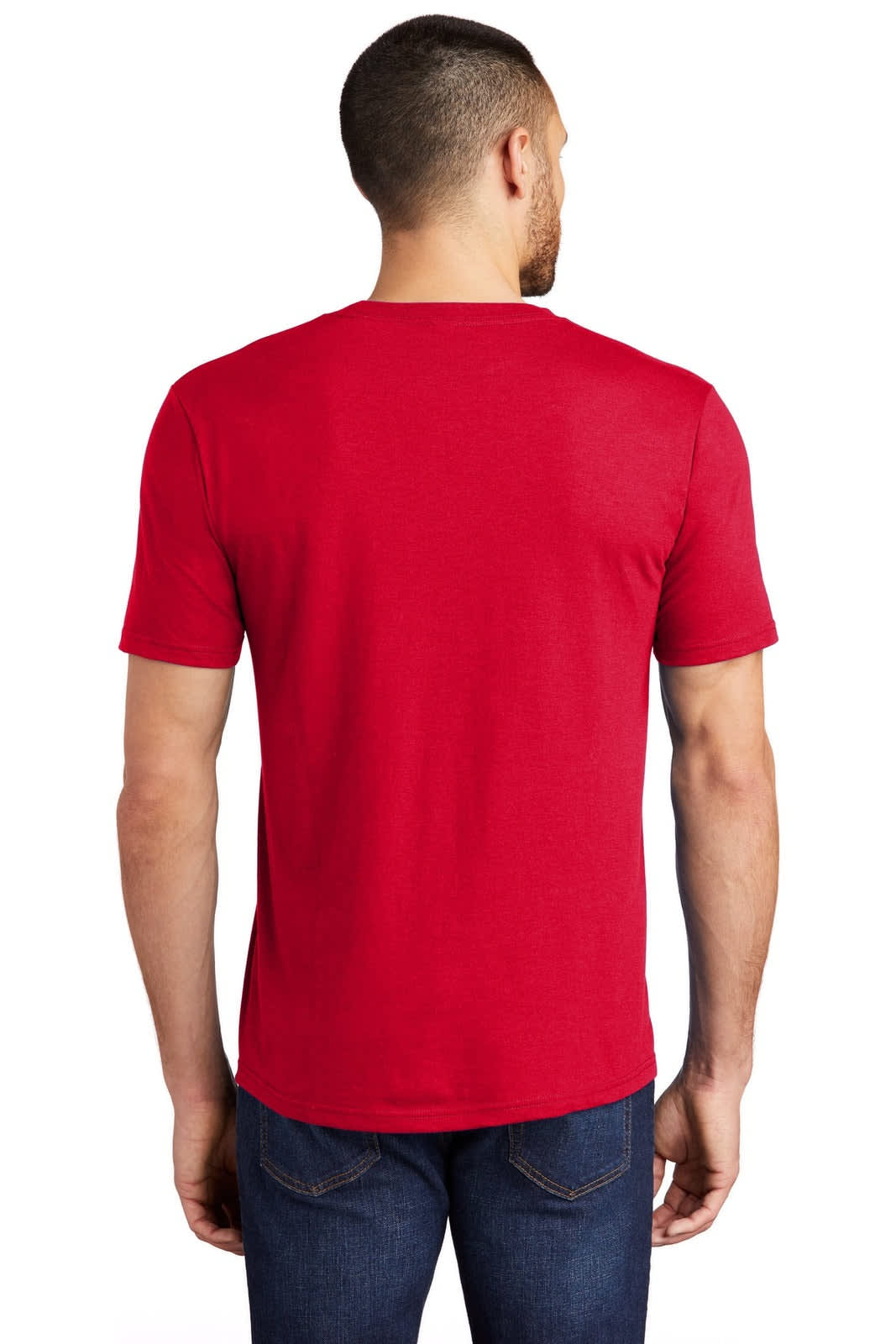 A red crew neck t-shirt with short sleeves, featuring a logo on the back.