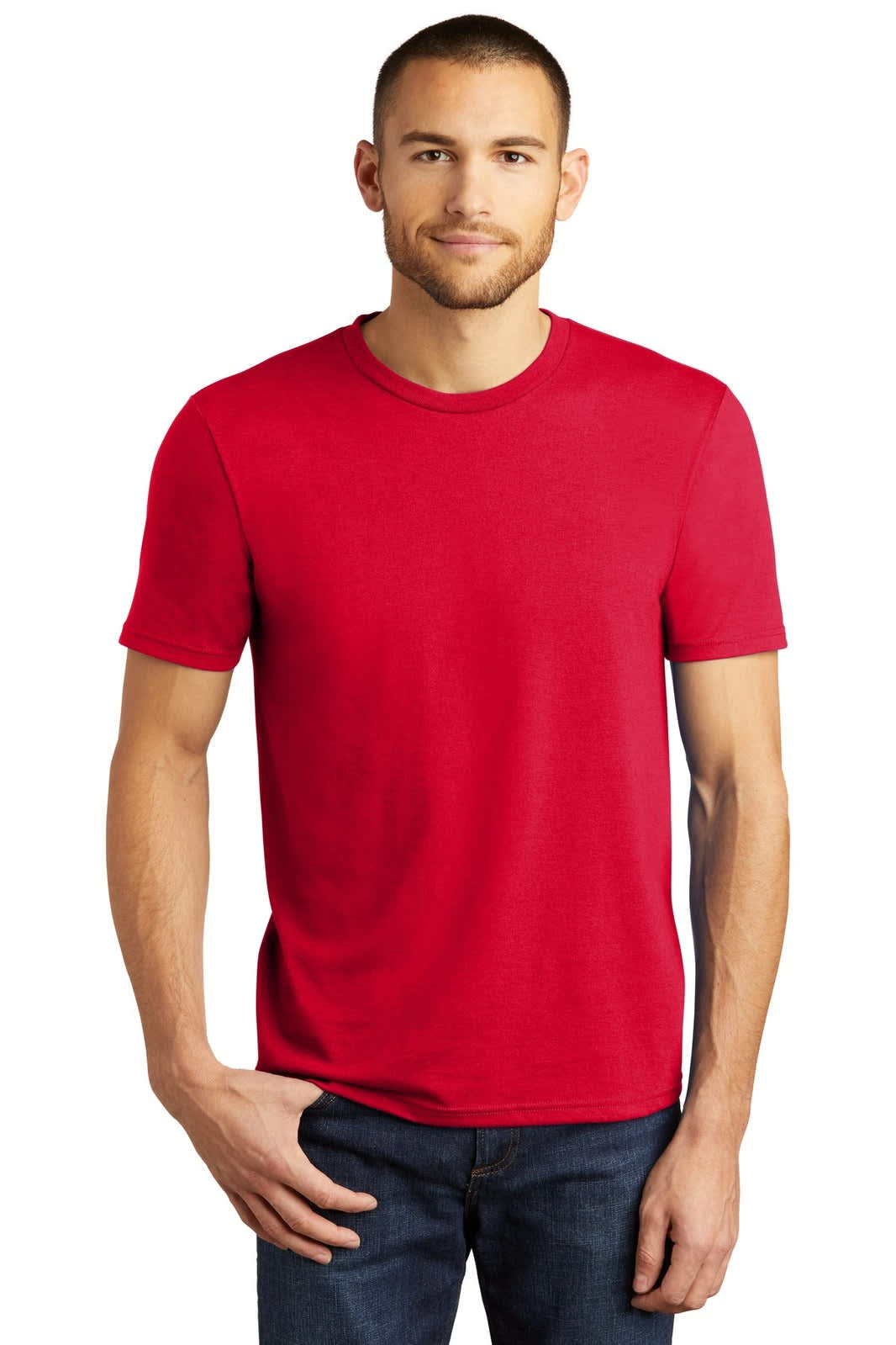 A red men's t-shirt with short sleeves, featuring a logo on the front, displayed on a model.