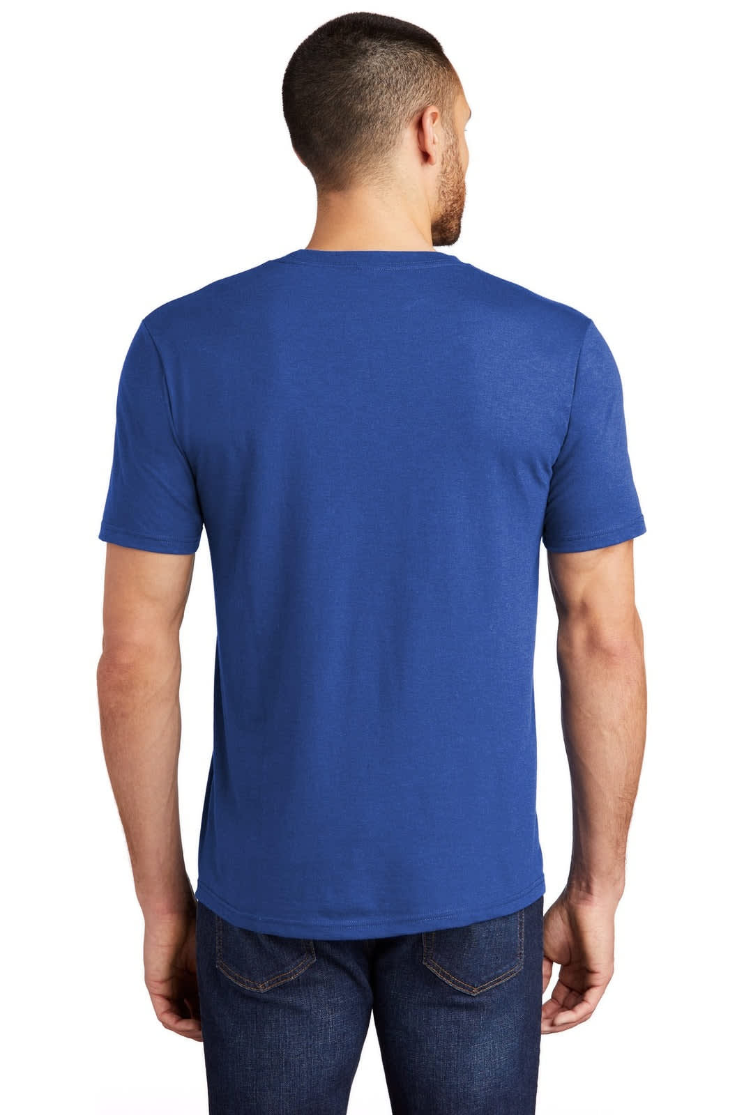 A blue men's t-shirt with a crew neck and short sleeves, featuring a logo on the back.