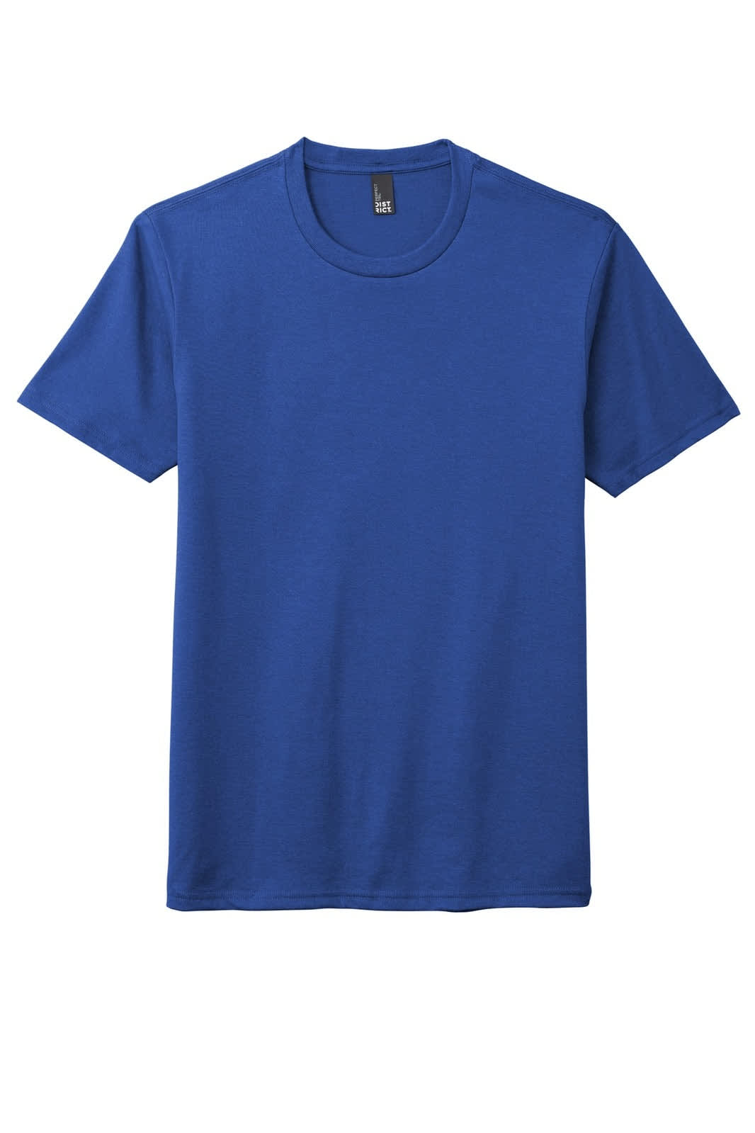 A blue crew neck T-shirt with short sleeves and a brand logo at the neckline.