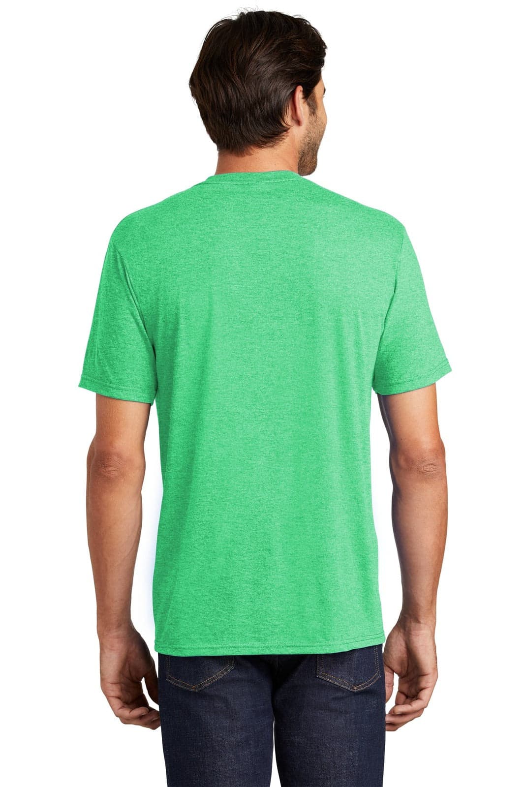 A green men's t-shirt with a crew neckline, featuring a logo, shown from the back.