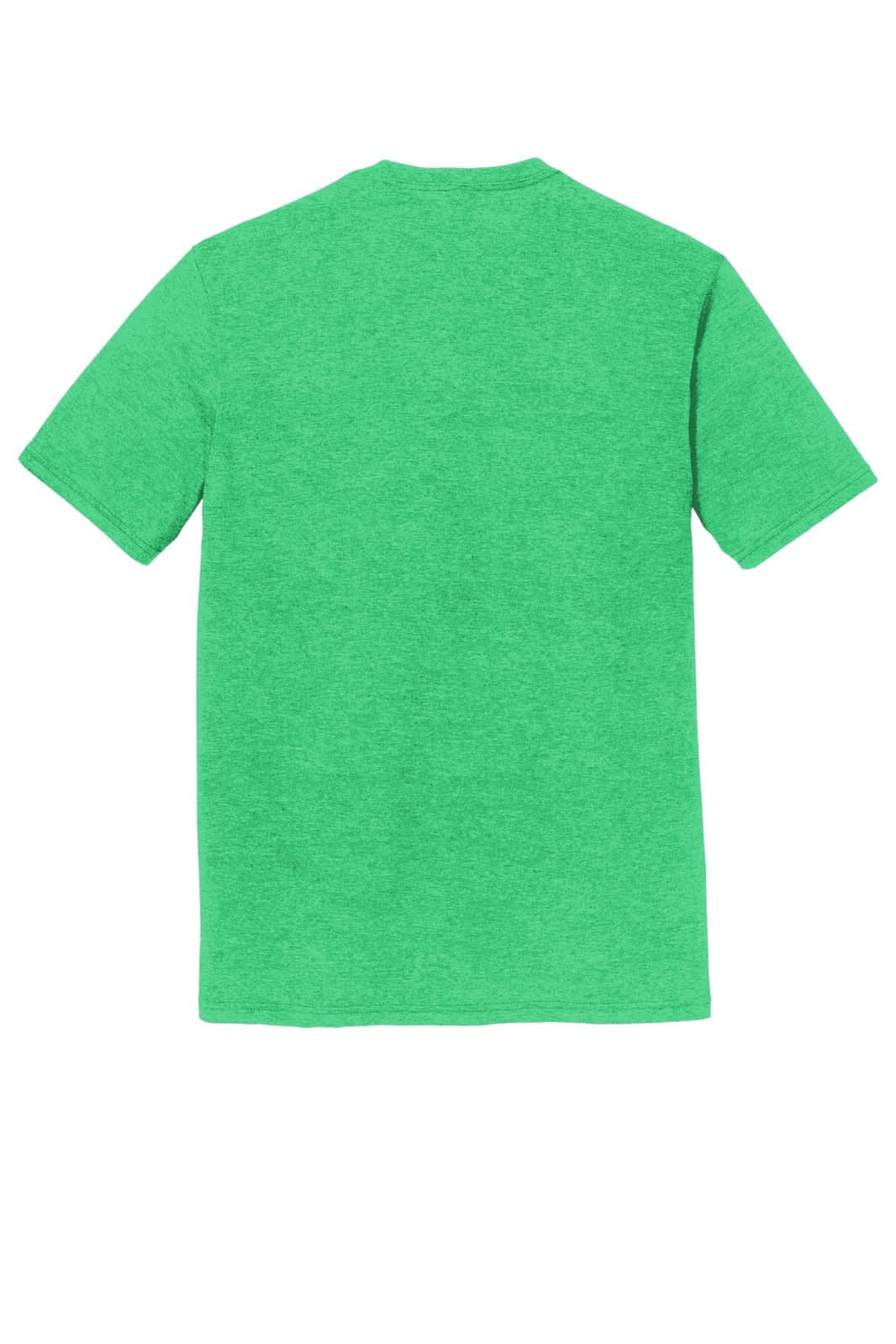 A green t-shirt with short sleeves and a crew neck, featuring a logo on the back.
