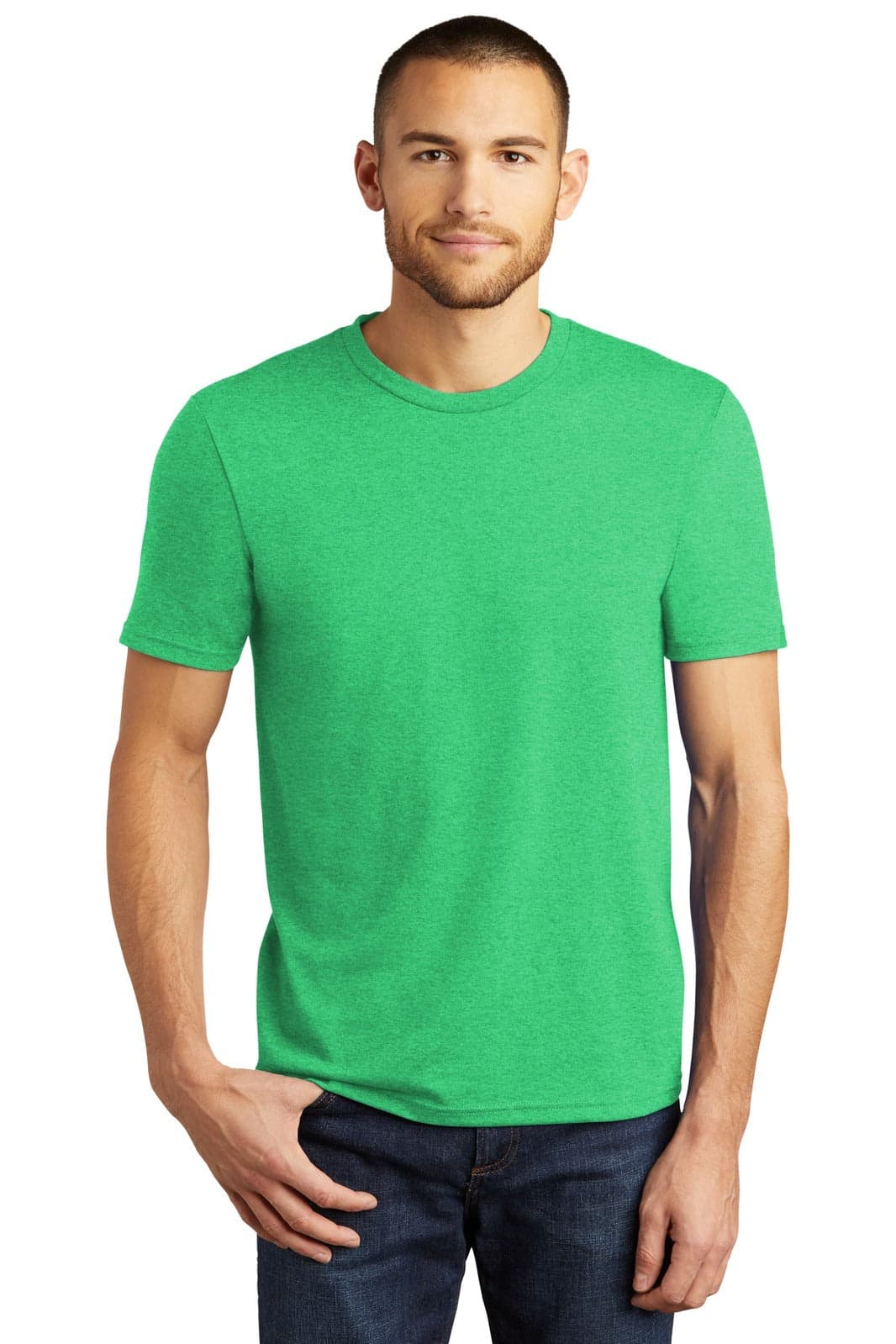 A green men's t-shirt with a crew neck, featuring short sleeves and a logo on the front.