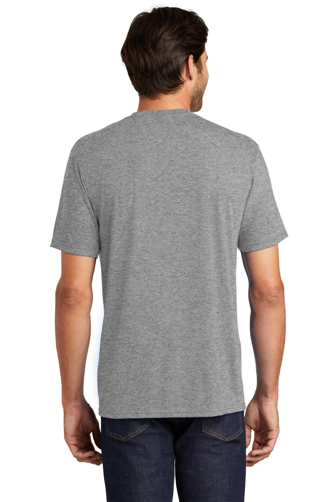 A grey men's crew neck T-shirt with short sleeves, featuring a logo on the back.