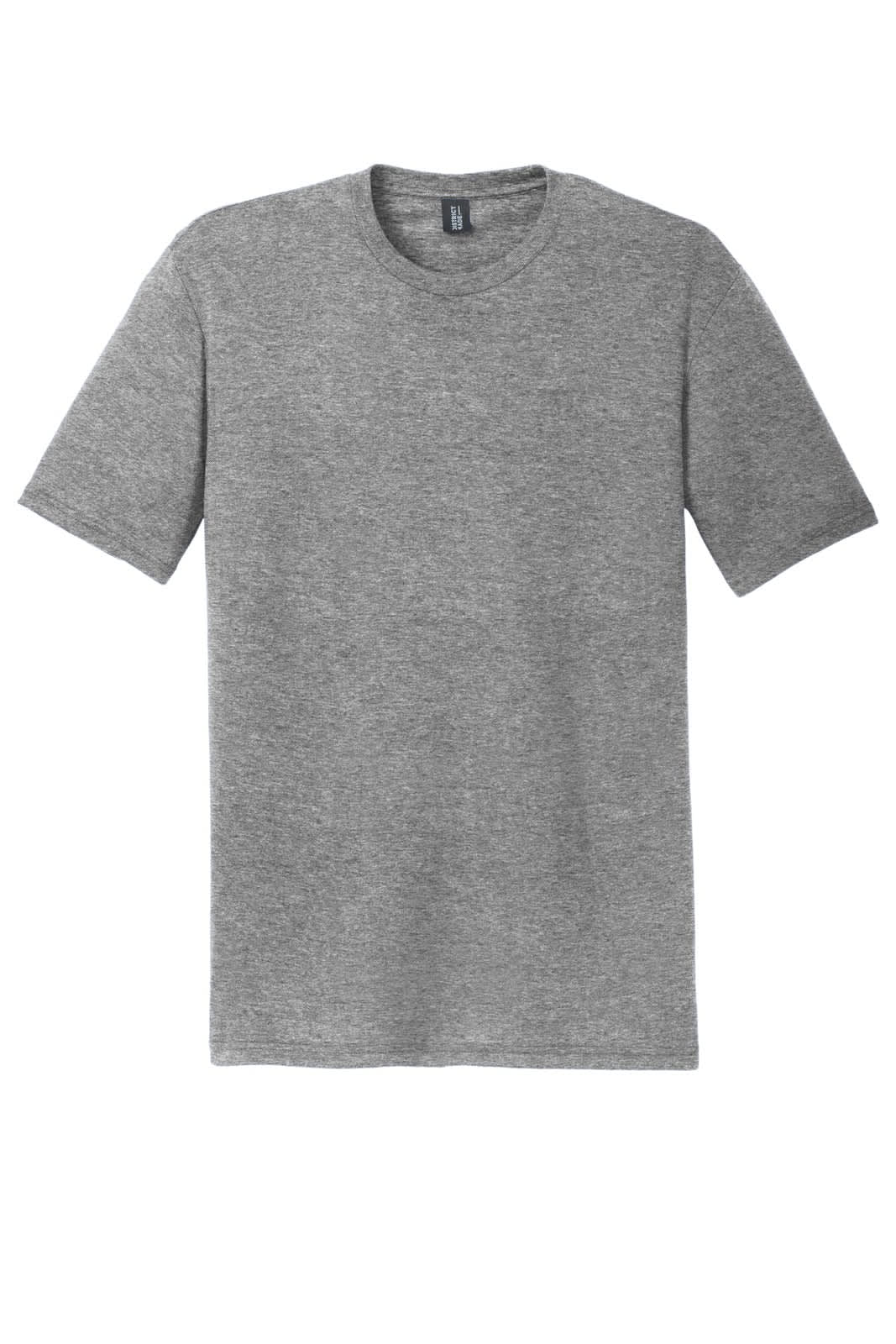 A grey crew neck t-shirt with short sleeves, featuring a label and branding on the inside.