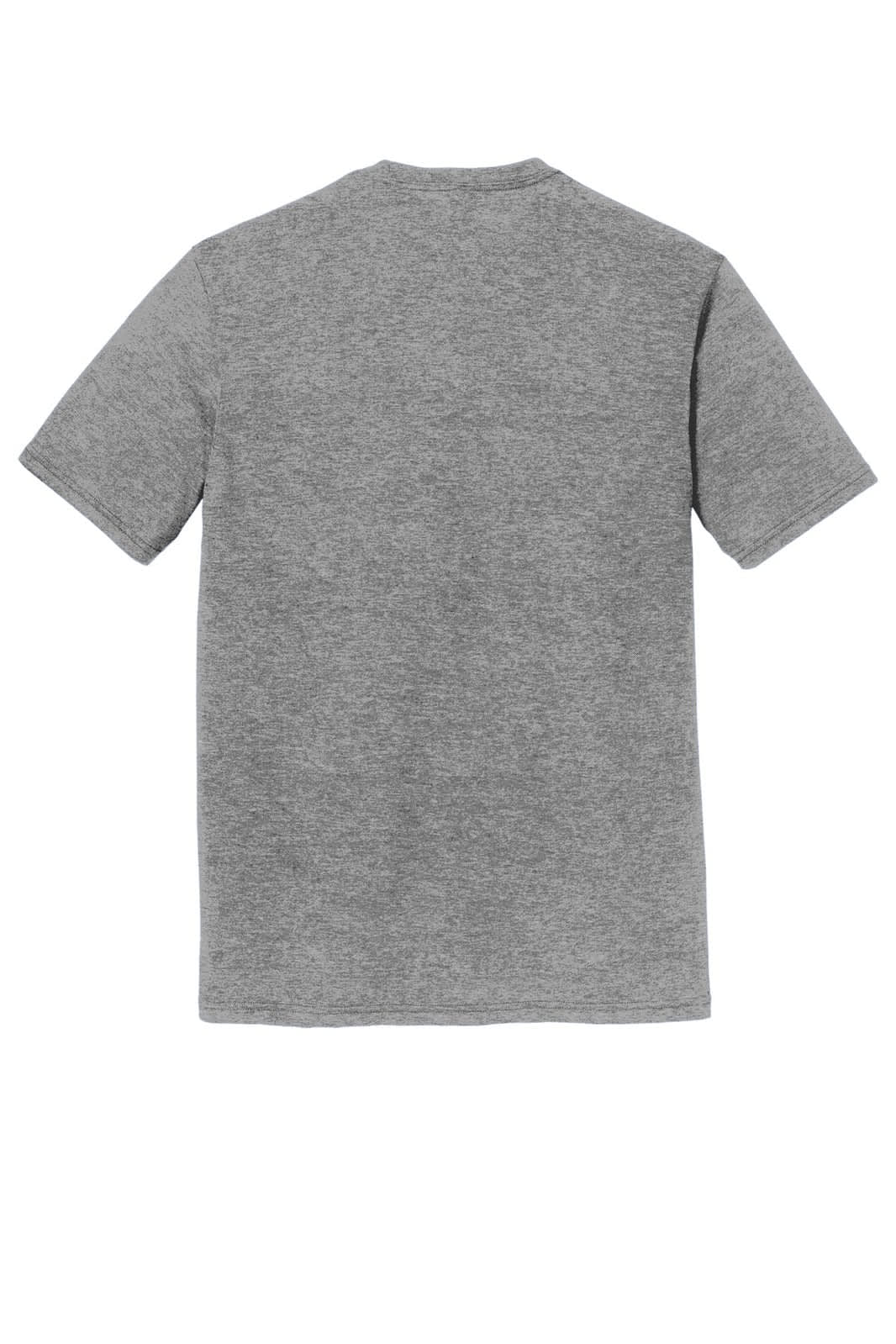 A grey men's t-shirt with a crew neck and short sleeves. The back features a simple design and a logo.
