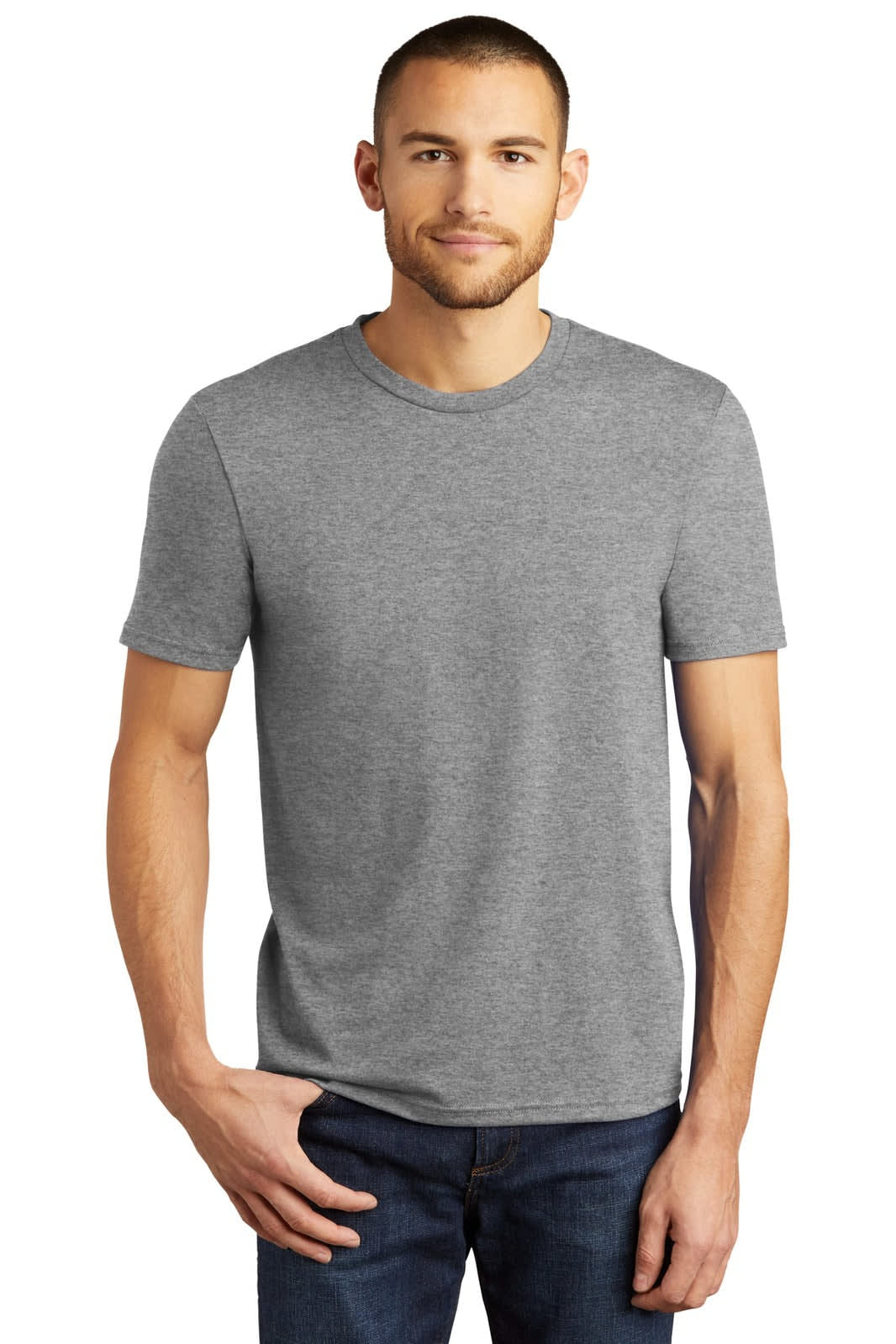 A grey men's crew neck t-shirt featuring short sleeves and a logo.