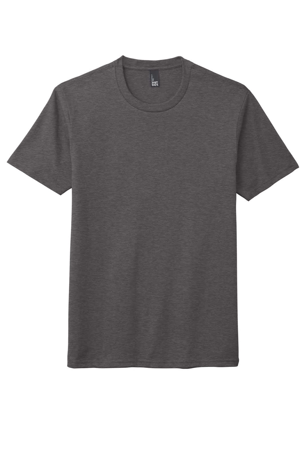 A grey crew neck t-shirt with short sleeves, featuring a logo on the label.
