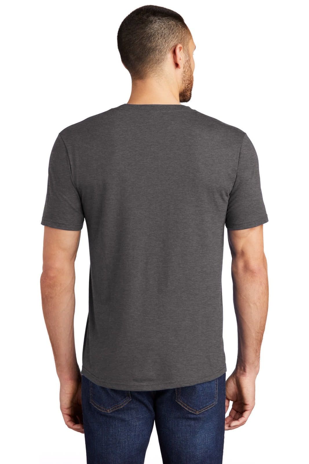 A man wearing a grey District Made Men's Perfect Tri Crew Tee, viewed from the back. The shirt has a simple design and short sleeves.