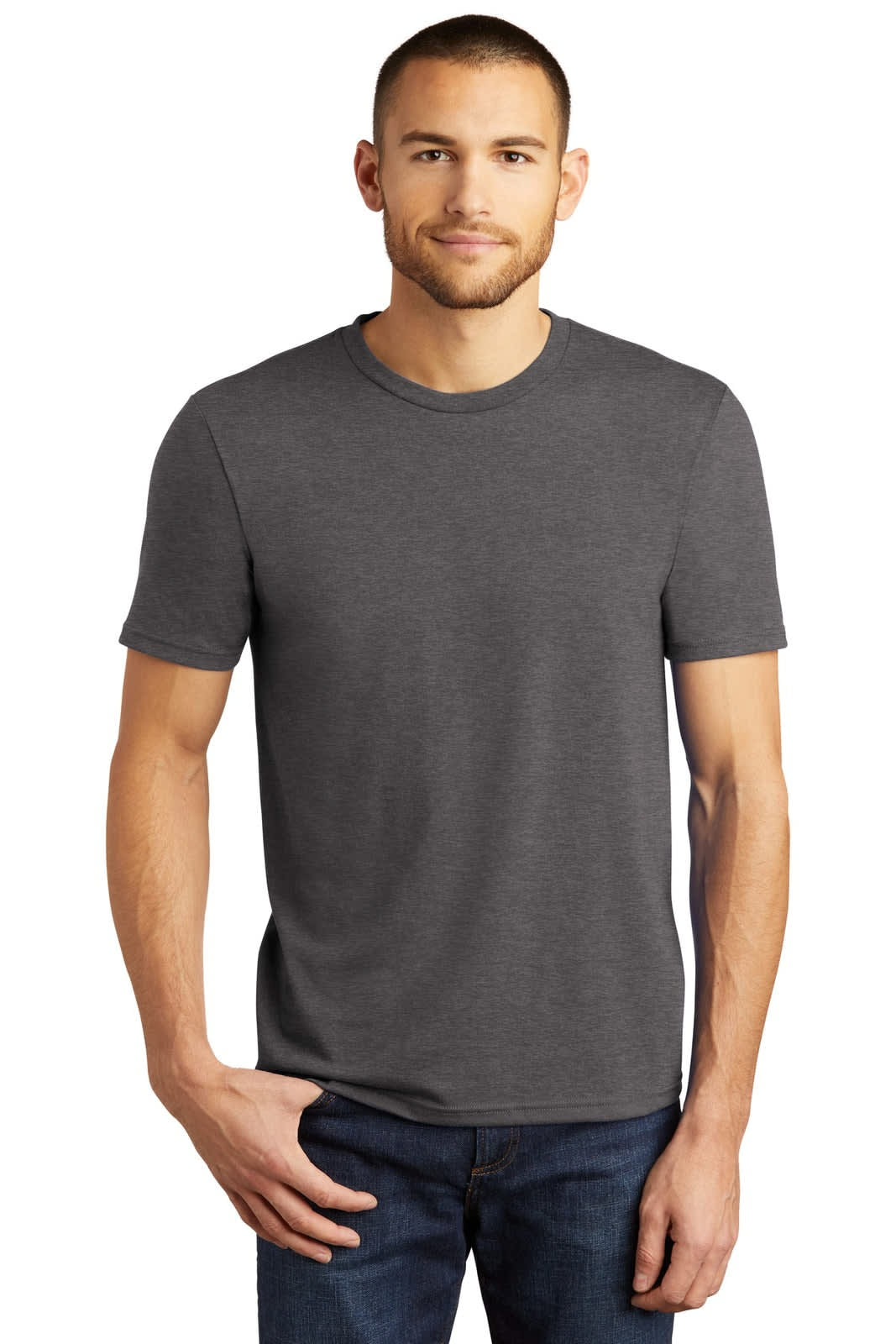 A grey men's crew t-shirt with short sleeves, featuring a simple design and a branding logo.
