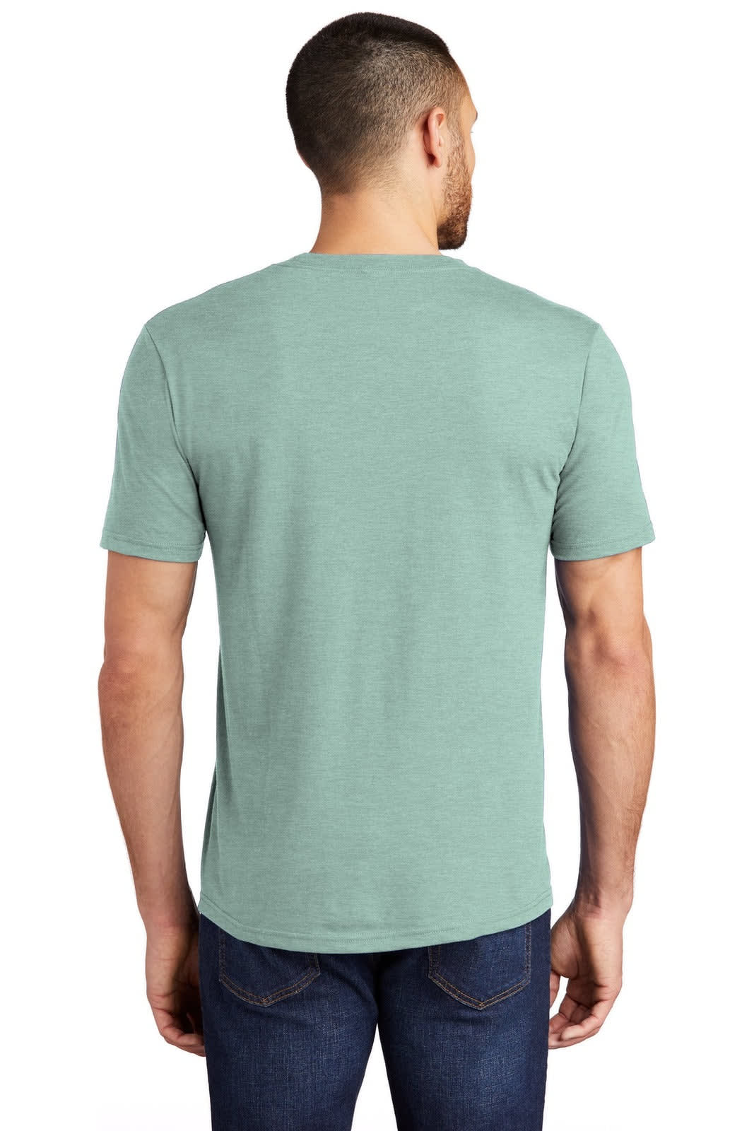A man wearing a mint green District Made Men's Perfect Tri Crew T-Shirt, viewed from the back, with a simple design.