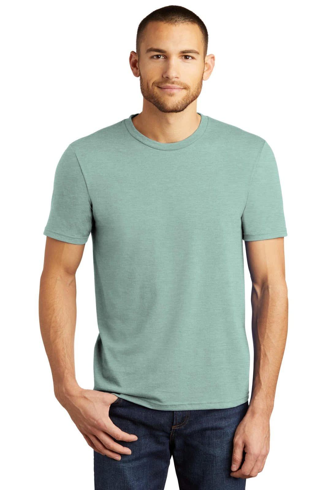 A mint green men's crew t-shirt with a classic fit. The model stands casually with one hand on his hip.