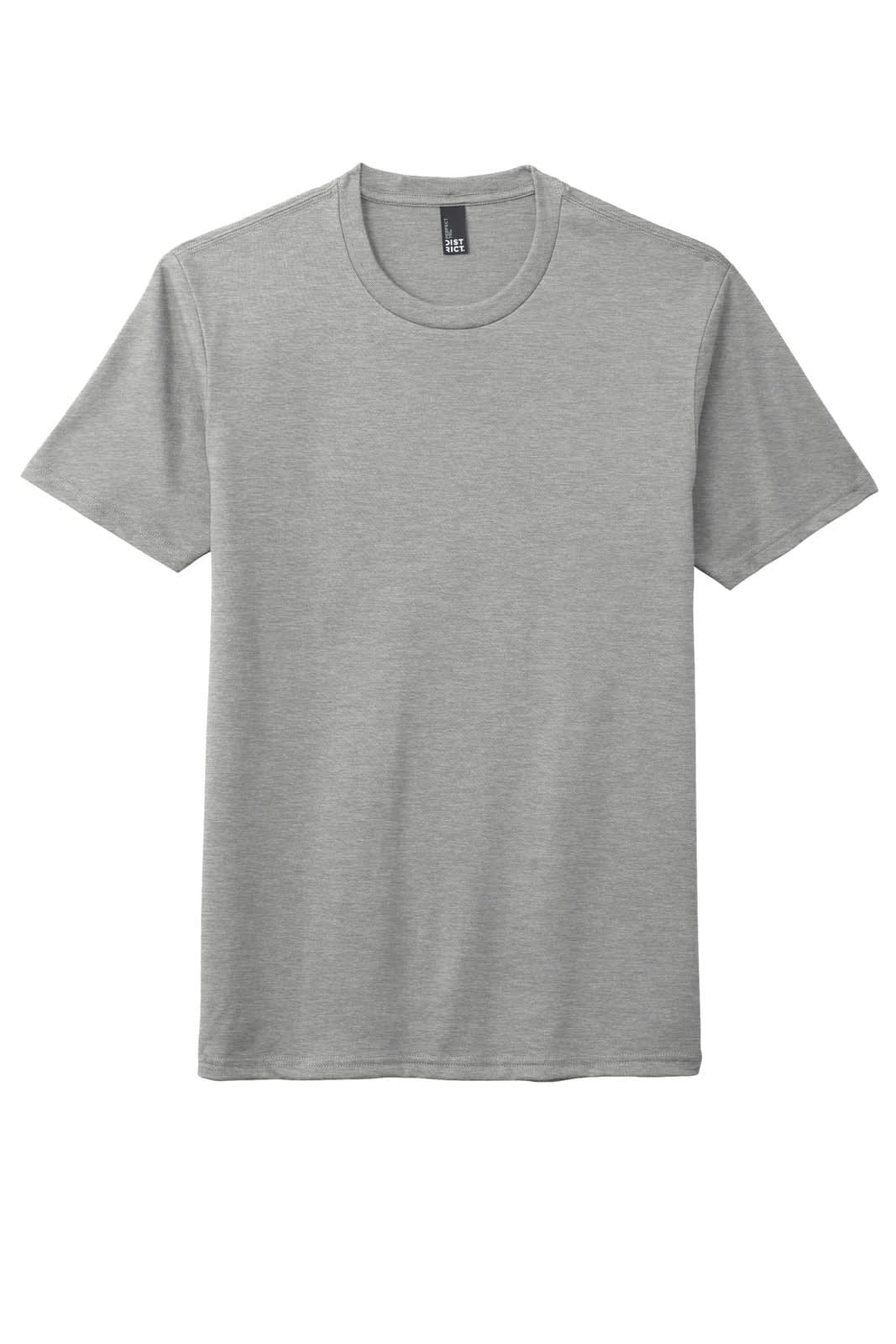 A grey men's crew neck t-shirt made from a soft tri-blend fabric, featuring a label on the interior neckline.