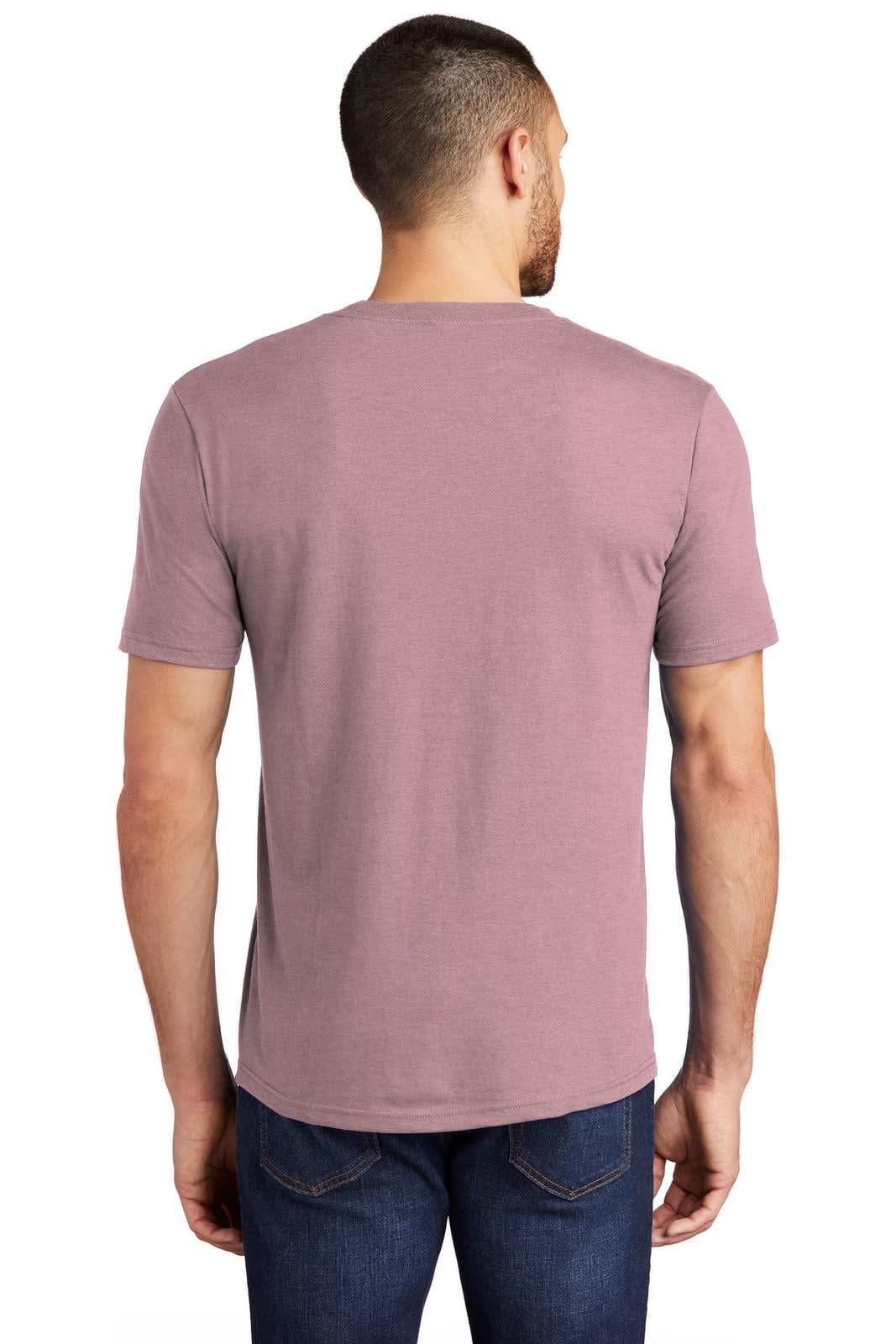 A man wearing a back view of a mauve T-shirt. The shirt features short sleeves and a logo.