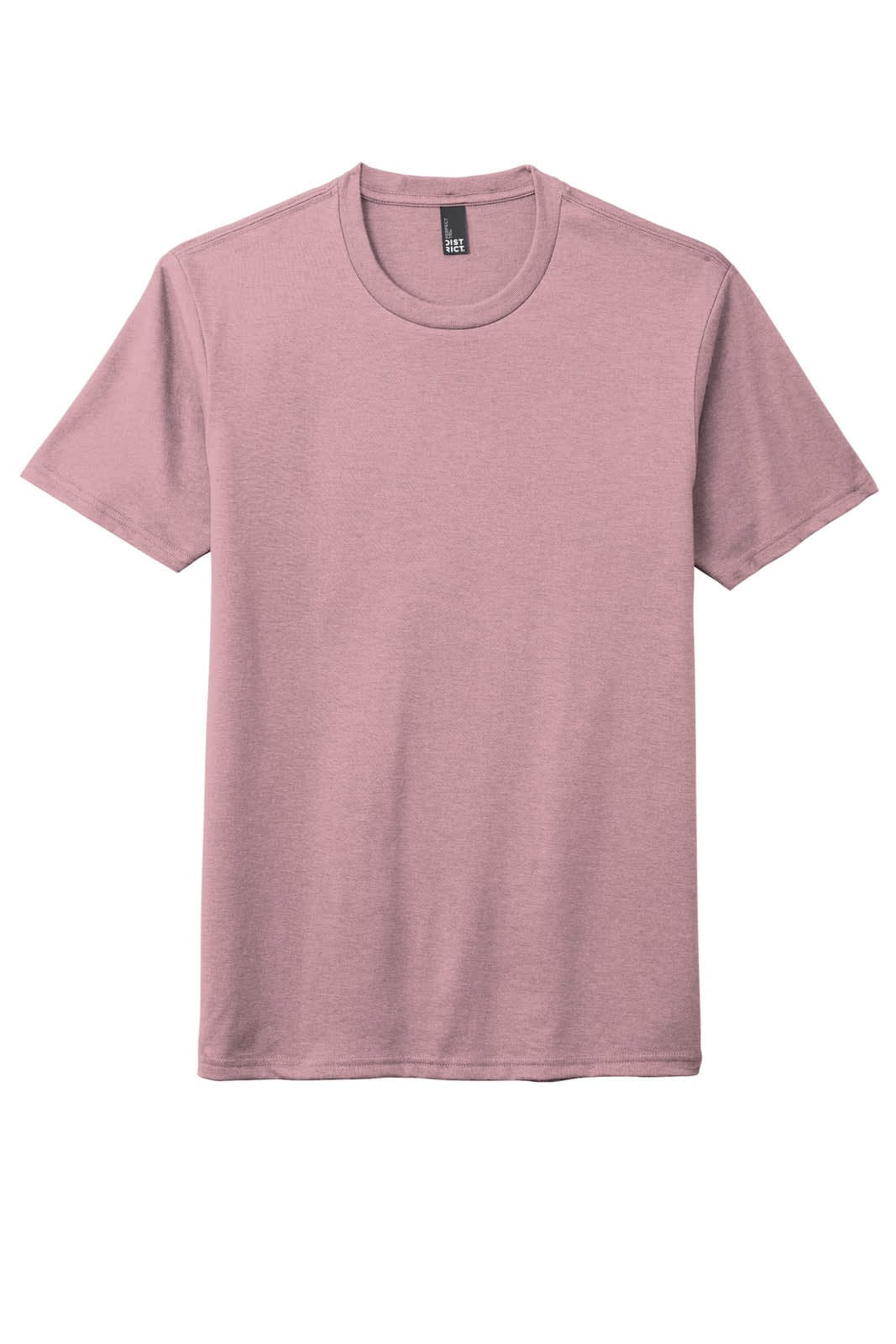 A pink crew neck t-shirt with short sleeves, featuring a brand logo.