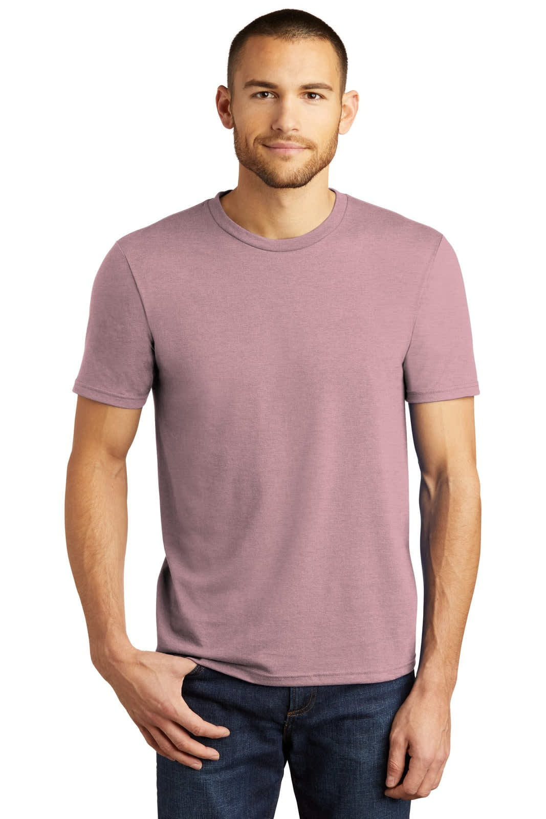 A man wearing a short-sleeved, mauve T-shirt with a crew neck. The shirt features a logo on it.