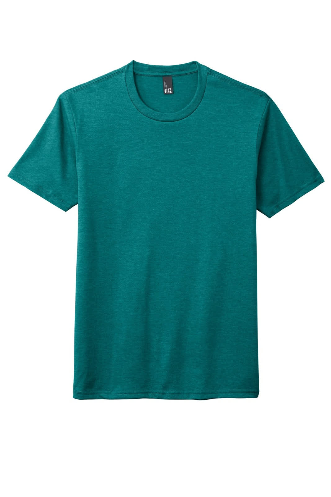 A teal men's crew neck t-shirt made from tri-blend fabric, featuring a simple design and a logo.