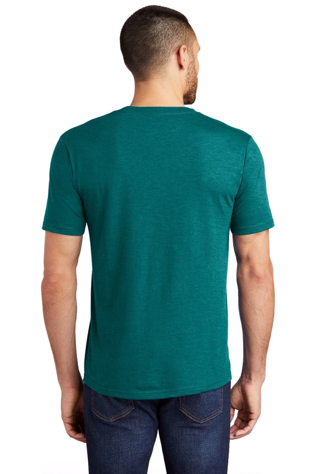 A green men's crew neck t-shirt displayed from the back, featuring short sleeves and a simple design.