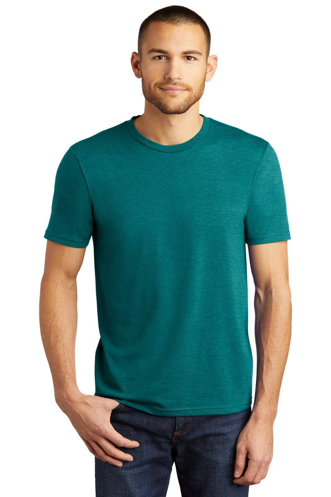 A teal short-sleeve crew t-shirt for men, featuring a simple design and a logo.