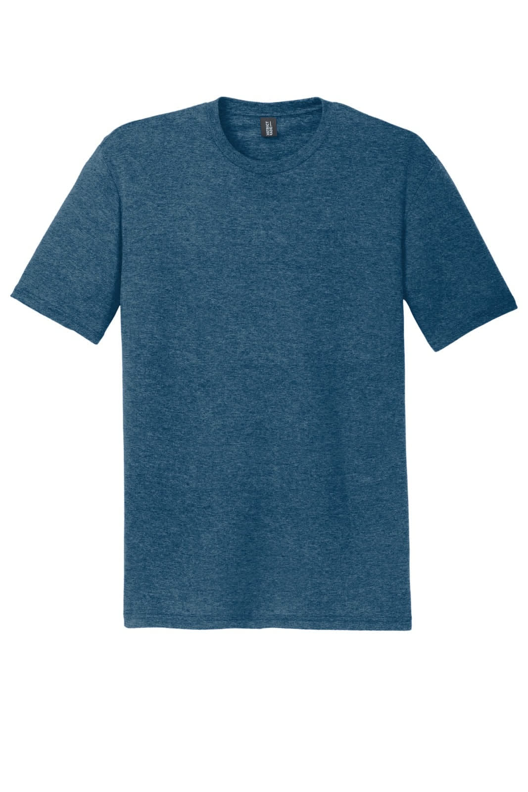 A blue crew neck t-shirt made from a blend of materials, with short sleeves and a tag inside the neckline.