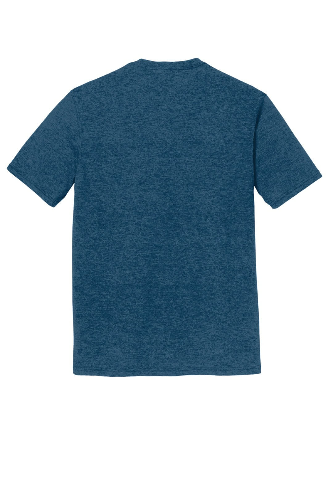 A blue heathered men's crew neck t-shirt with short sleeves, featuring a logo on the back.