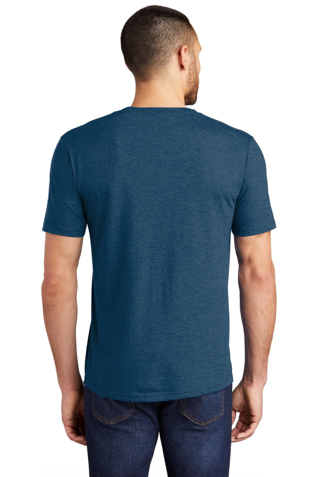 A man wearing a blue t-shirt, viewed from the back, with short sleeves and a simple design.