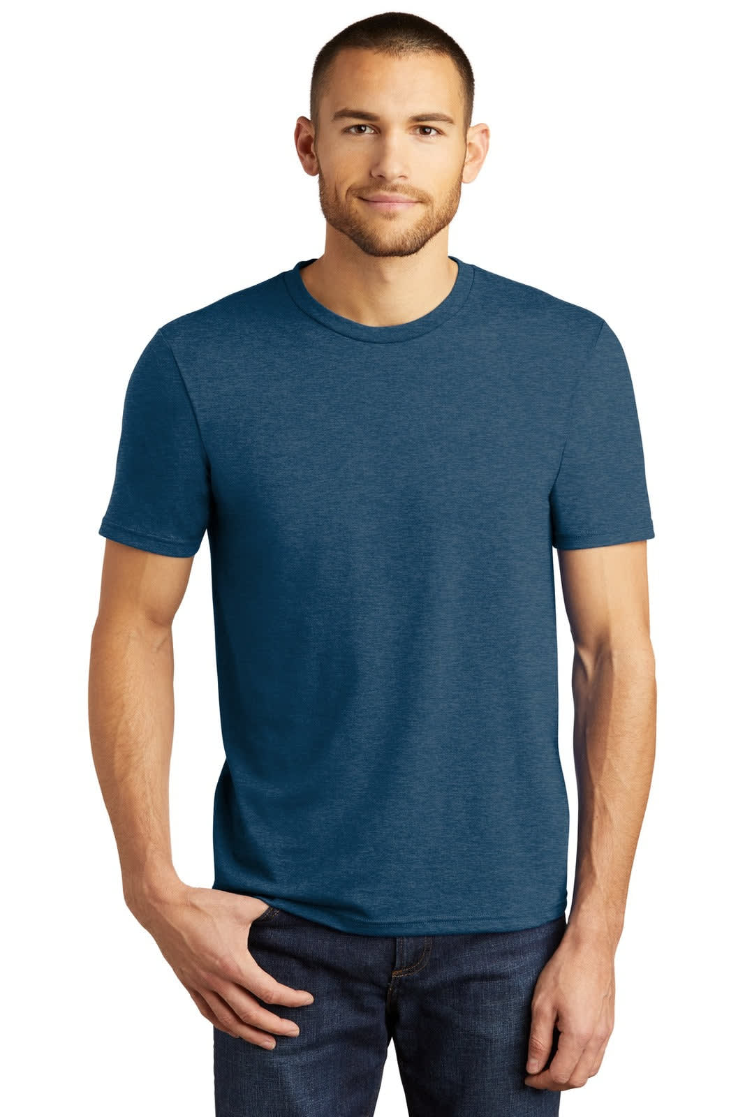 A blue men's t-shirt with short sleeves, featuring a crew neck and a subtle logo.