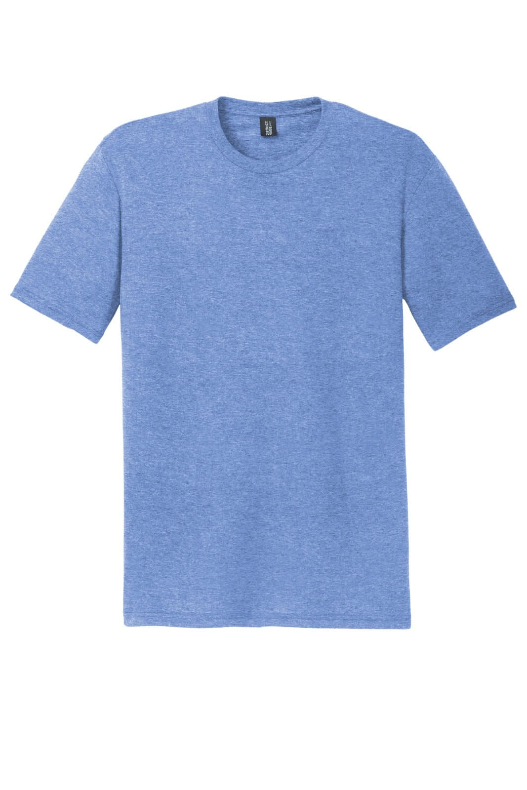 A blue T-shirt made from a soft tri-blend fabric, featuring a crew neck and short sleeves. It has a logo.