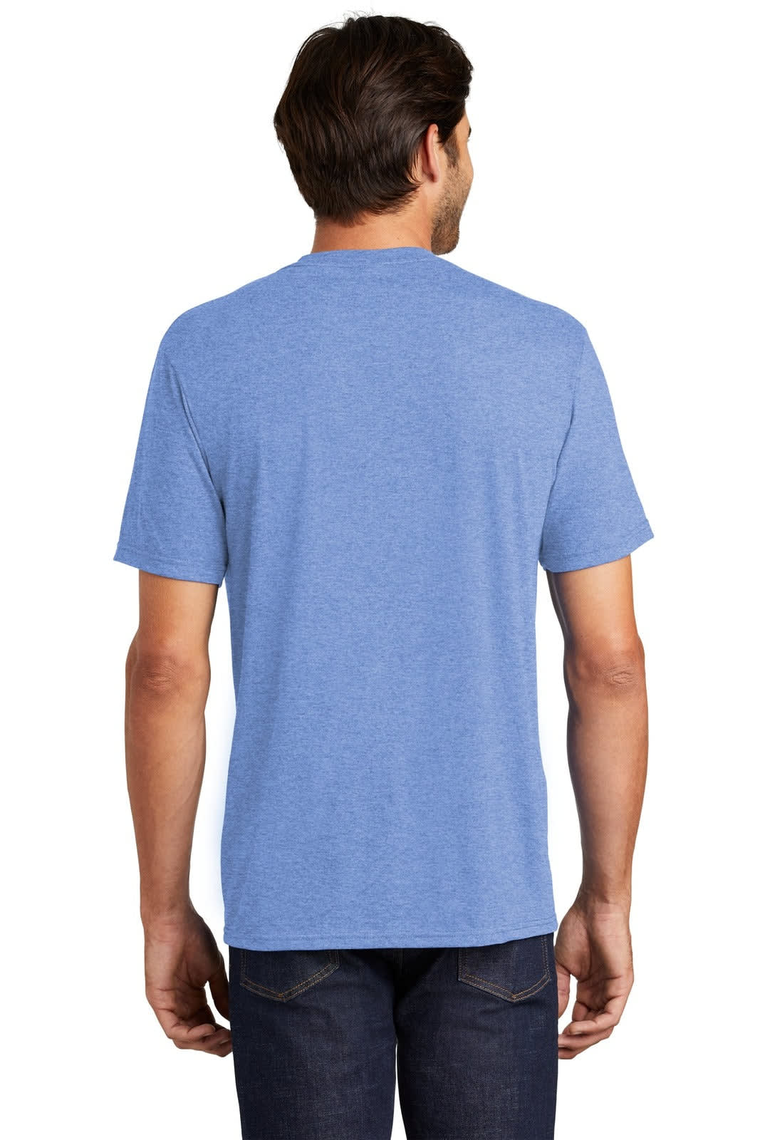 A man is wearing a blue t-shirt, viewed from the back. The fabric appears soft with a casual look and has a logo.