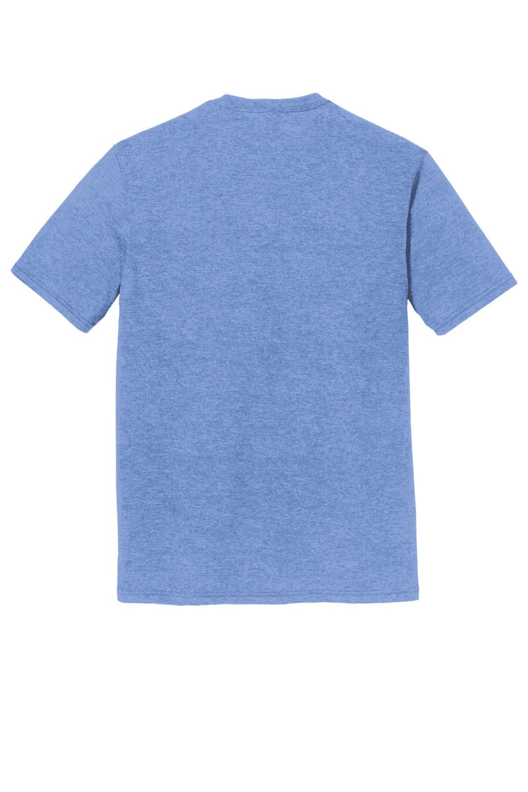 A plain blue crew neck t-shirt with short sleeves and a subtle texture, featuring a logo on the back.