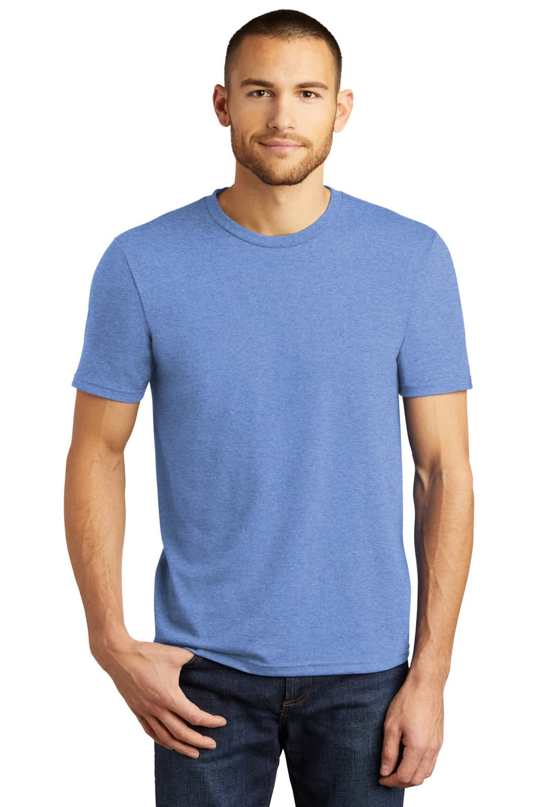A short-sleeved blue men's T-shirt is displayed on a model, featuring a round neck and a logo.