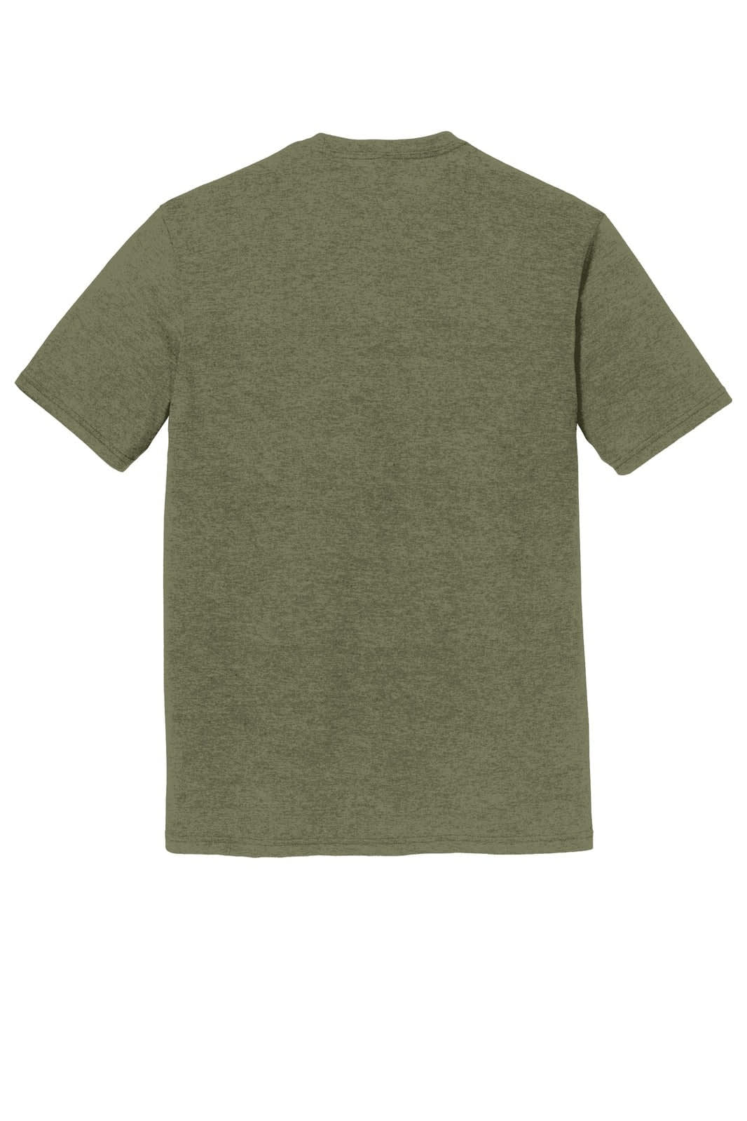 A green men's t-shirt featuring short sleeves and a round neckline, with a branding logo on the back.