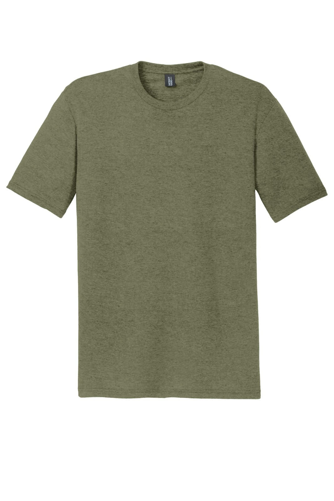 A green heather men's t-shirt with short sleeves, featuring a label and a plain design.