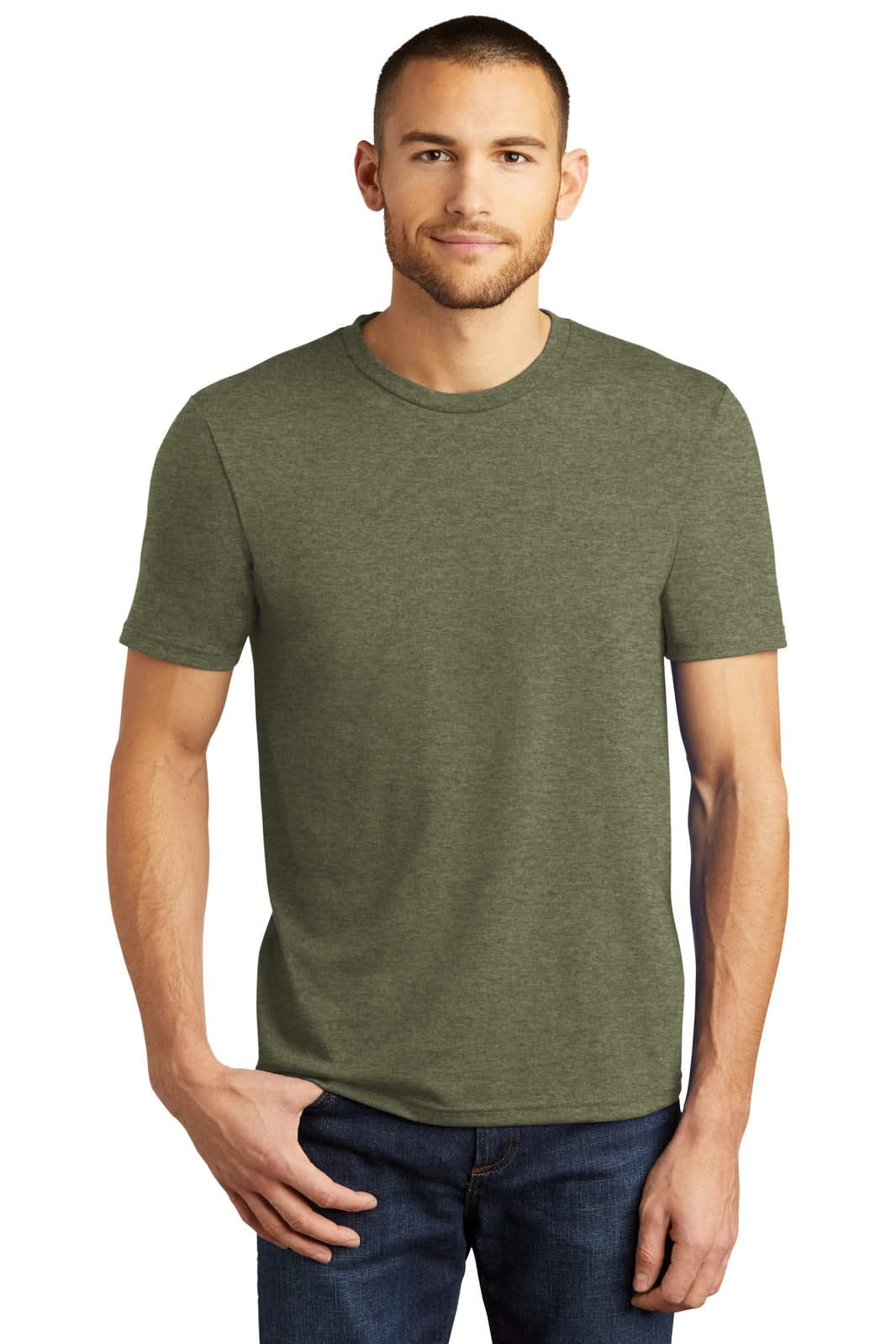 A man wearing a short-sleeved, olive green crew neck t-shirt. The shirt features a logo.